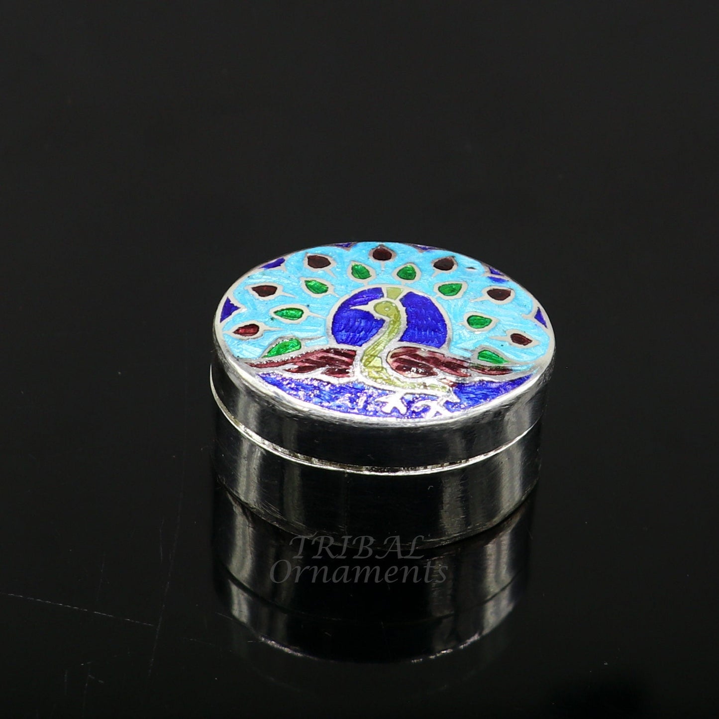 Vintage style handmade 925 sterling silver peacock design enamel work trinket box, brides kukum box kajal box silver article jewelry stb727 - TRIBAL ORNAMENTS