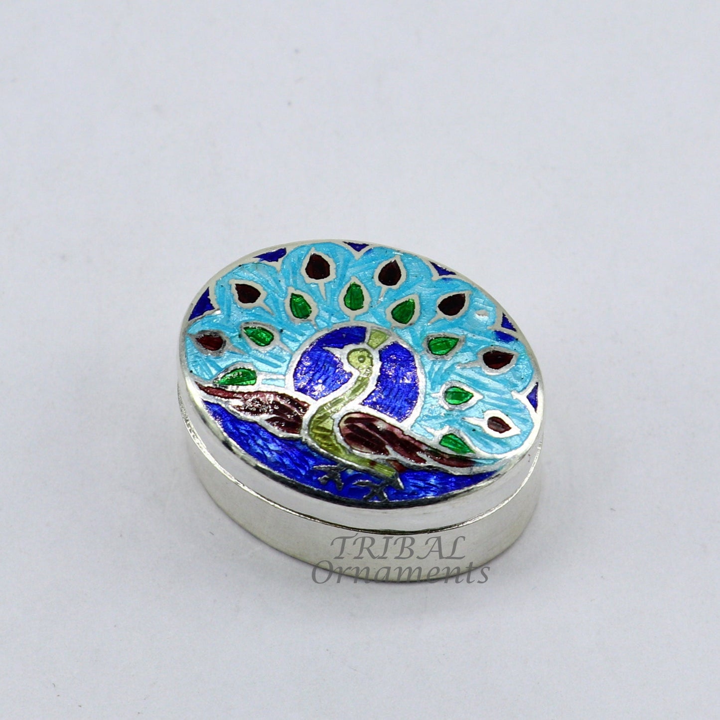 Vintage style handmade 925 sterling silver peacock design enamel work trinket box, brides kukum box kajal box silver article jewelry stb727 - TRIBAL ORNAMENTS