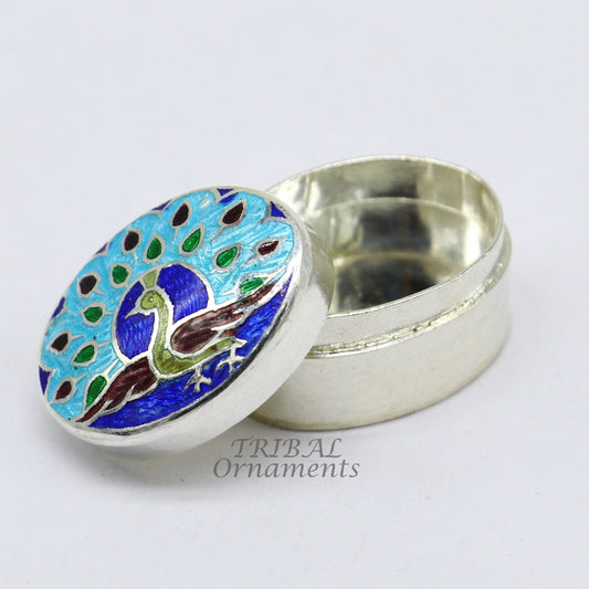 Vintage style handmade 925 sterling silver peacock design enamel work trinket box, brides kukum box kajal box silver article jewelry stb727 - TRIBAL ORNAMENTS