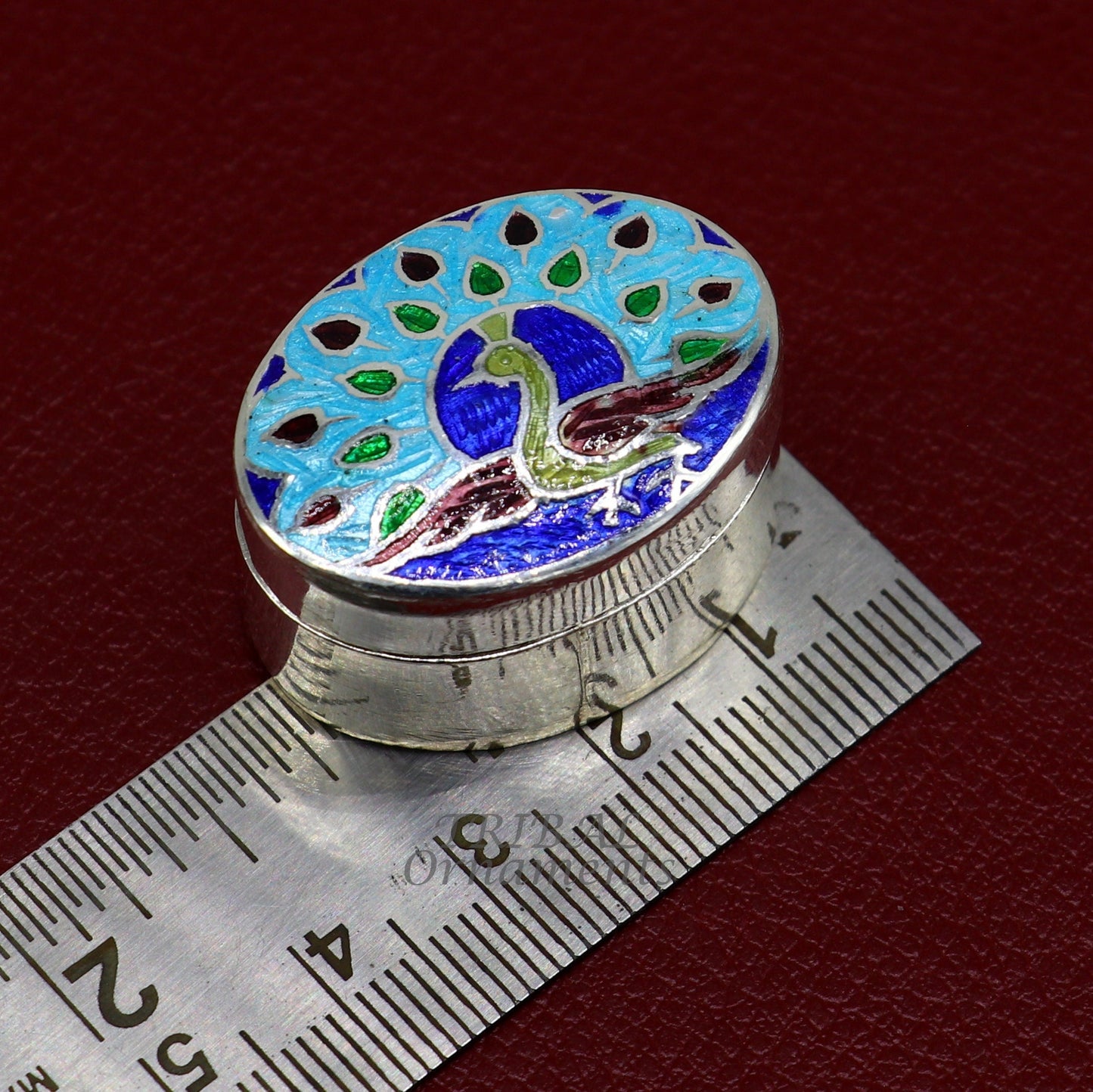 Vintage style handmade 925 sterling silver peacock design enamel work trinket box, brides kukum box kajal box silver article jewelry stb727 - TRIBAL ORNAMENTS