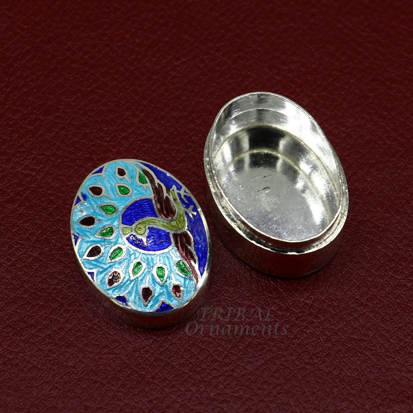 Vintage style handmade 925 sterling silver peacock design enamel work trinket box, brides kukum box kajal box silver article jewelry stb727 - TRIBAL ORNAMENTS