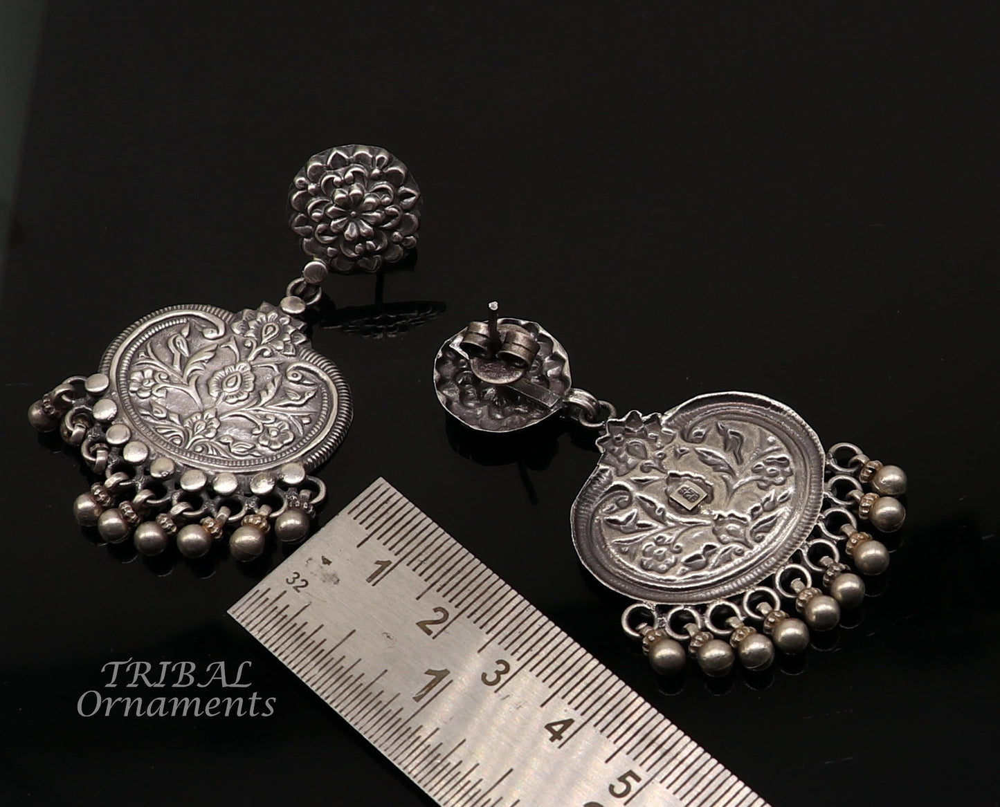 Cultural silver earrings, fashionable and versatile floral silver dangles an intricate ethnic pattern made by 925 sterling silver s1109 - TRIBAL ORNAMENTS