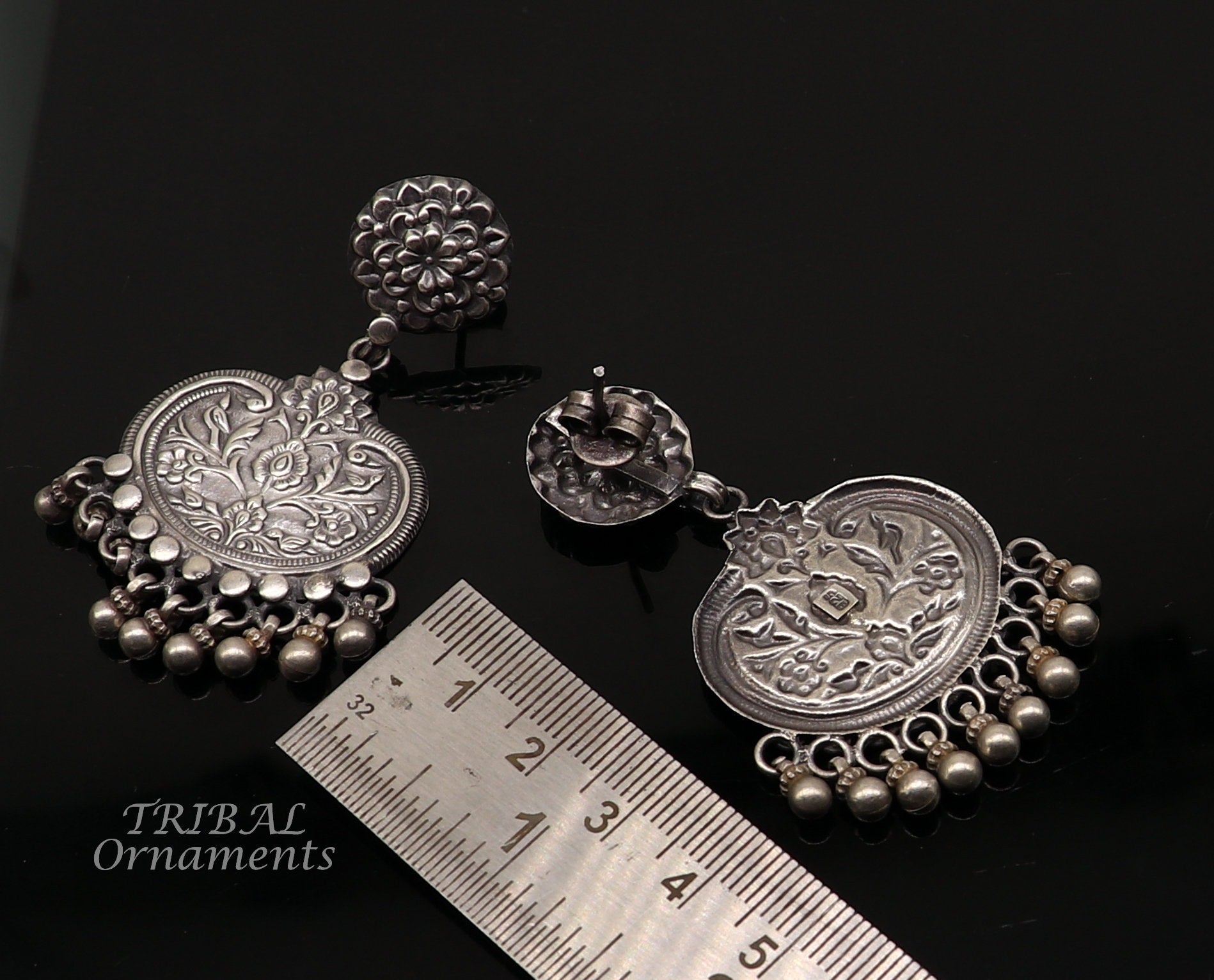 Cultural silver earrings, fashionable and versatile floral silver dangles an intricate ethnic pattern made by 925 sterling silver s1109 - TRIBAL ORNAMENTS