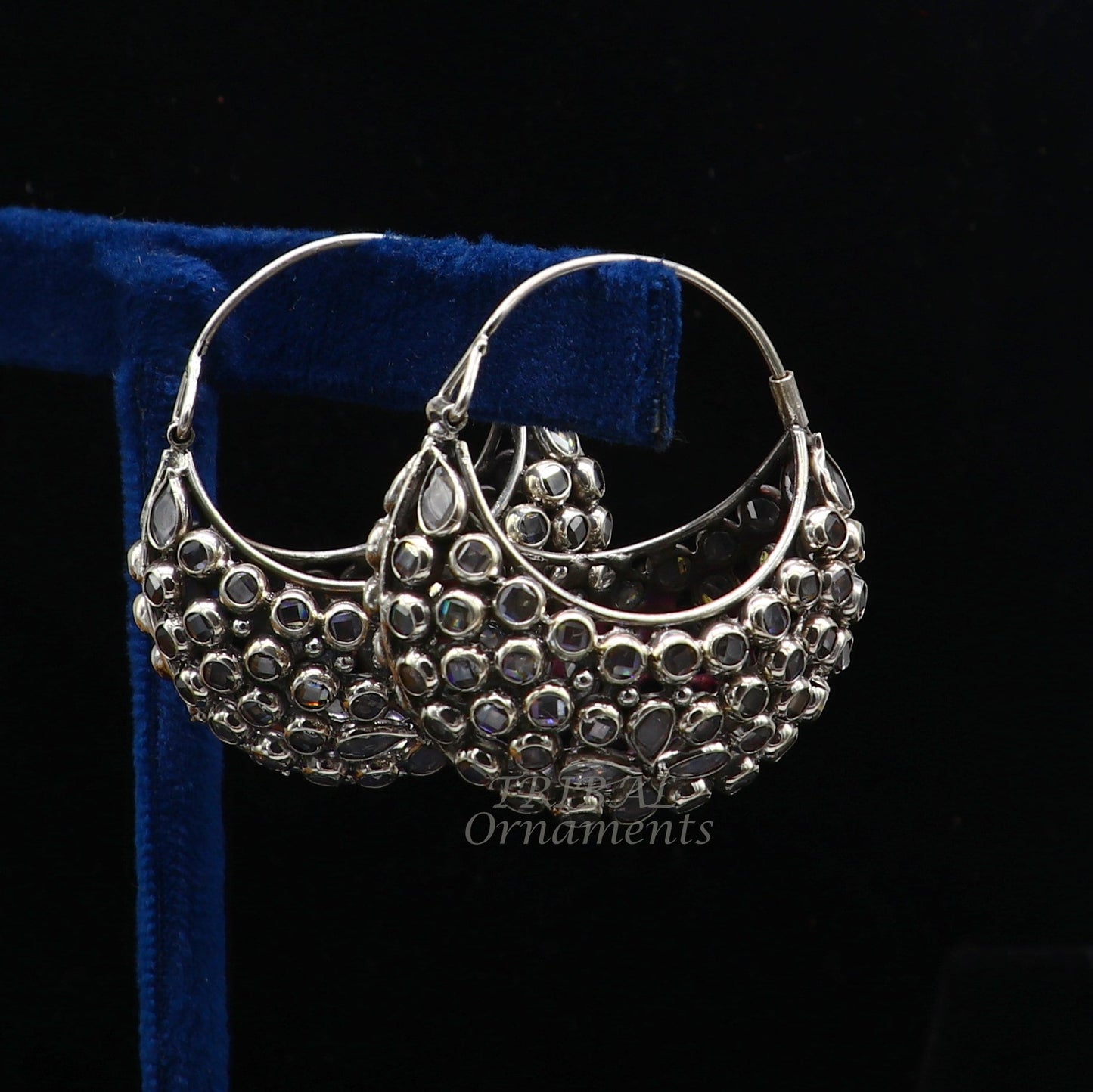 925 sterling silver amazing handmade vintage stylish crystal polki stone hoops earring, gorgeous brides belly dance jewelry s1096 - TRIBAL ORNAMENTS
