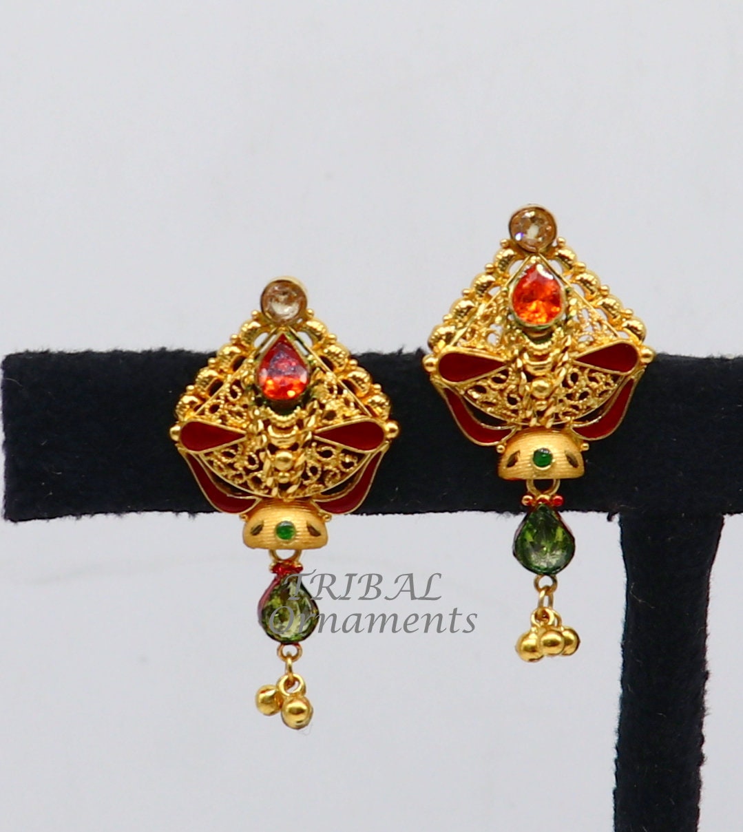 22kt or 22ct yellow gold handmade traditional cultural fashionable stud earring amazing filigree work ethnic jewelry er167 - TRIBAL ORNAMENTS