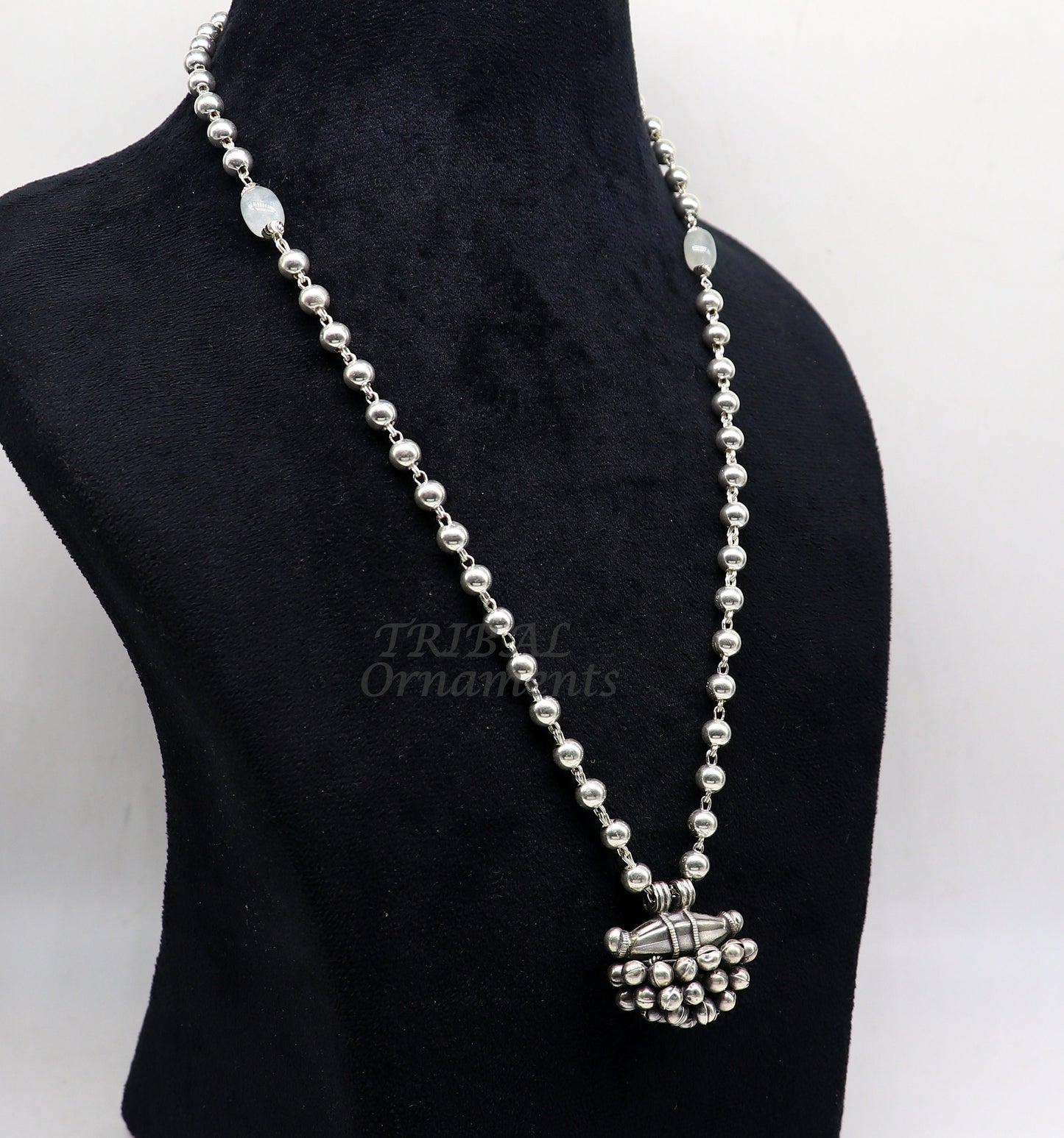 925 Sterling silver handmade vintage design pendant 6mm beaded necklace with hangings drops excellent tribal ethnic jewelry Rajasthan set530 - TRIBAL ORNAMENTS