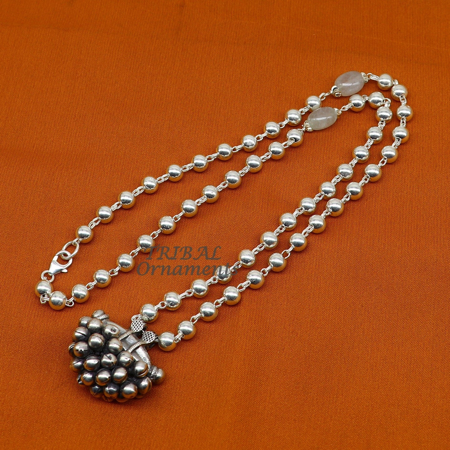 925 Sterling silver handmade vintage design pendant 6mm beaded necklace with hangings drops excellent tribal ethnic jewelry Rajasthan set530 - TRIBAL ORNAMENTS