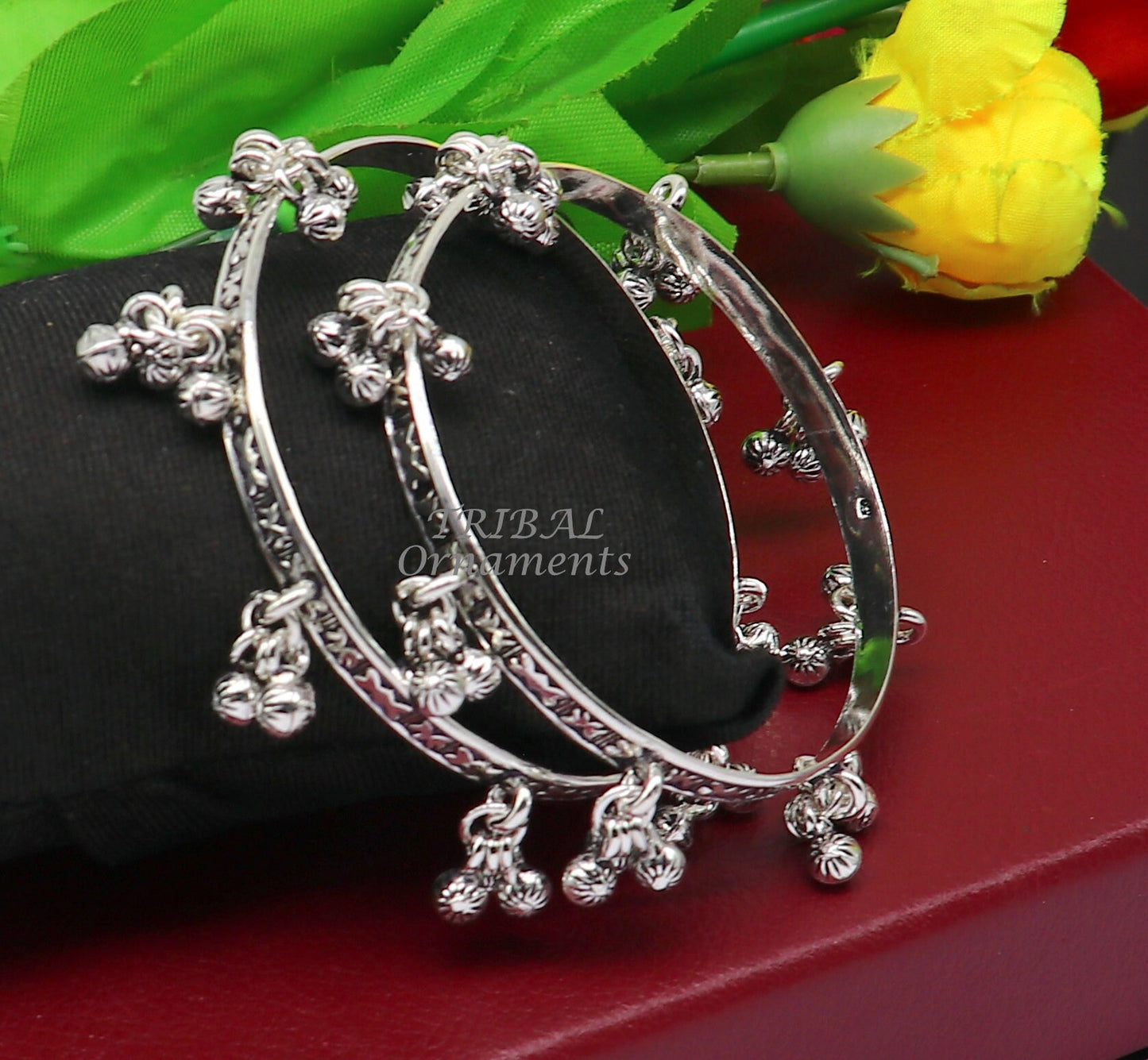 925 sterling silver handmade girl's bangle bracelet unique gorgeous jingling bells drops. excellent charm brides gifting jewelry ba177 - TRIBAL ORNAMENTS