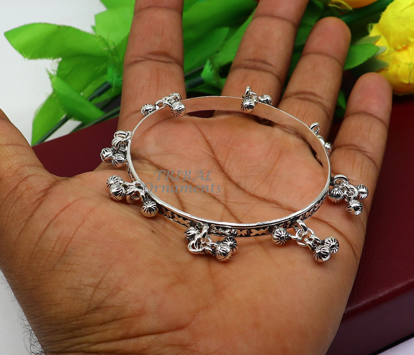 925 sterling silver handmade girl's bangle bracelet unique gorgeous jingling bells drops. excellent charm brides gifting jewelry ba177 - TRIBAL ORNAMENTS