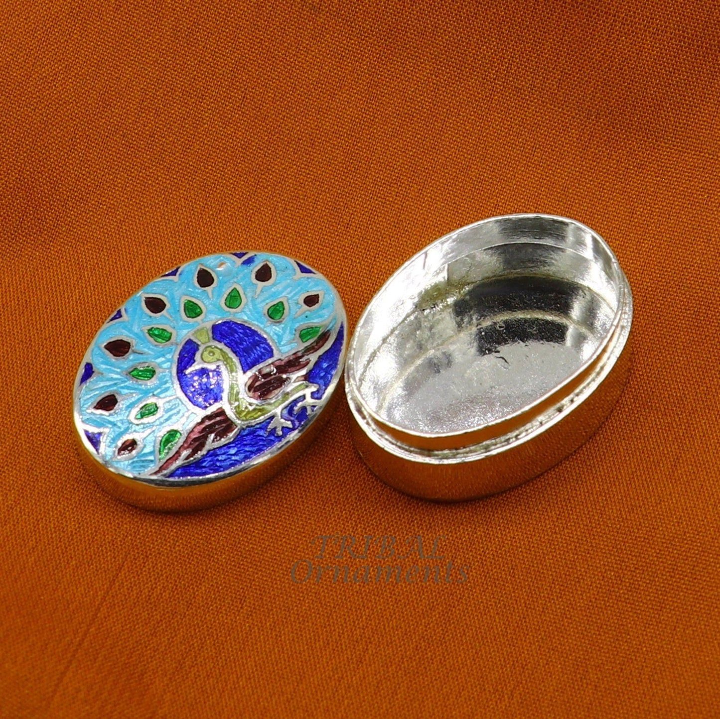 Vintage style handmade 925 sterling silver peacock design enamel work trinket box, brides kukum box kajal box silver article jewelry stb727 - TRIBAL ORNAMENTS