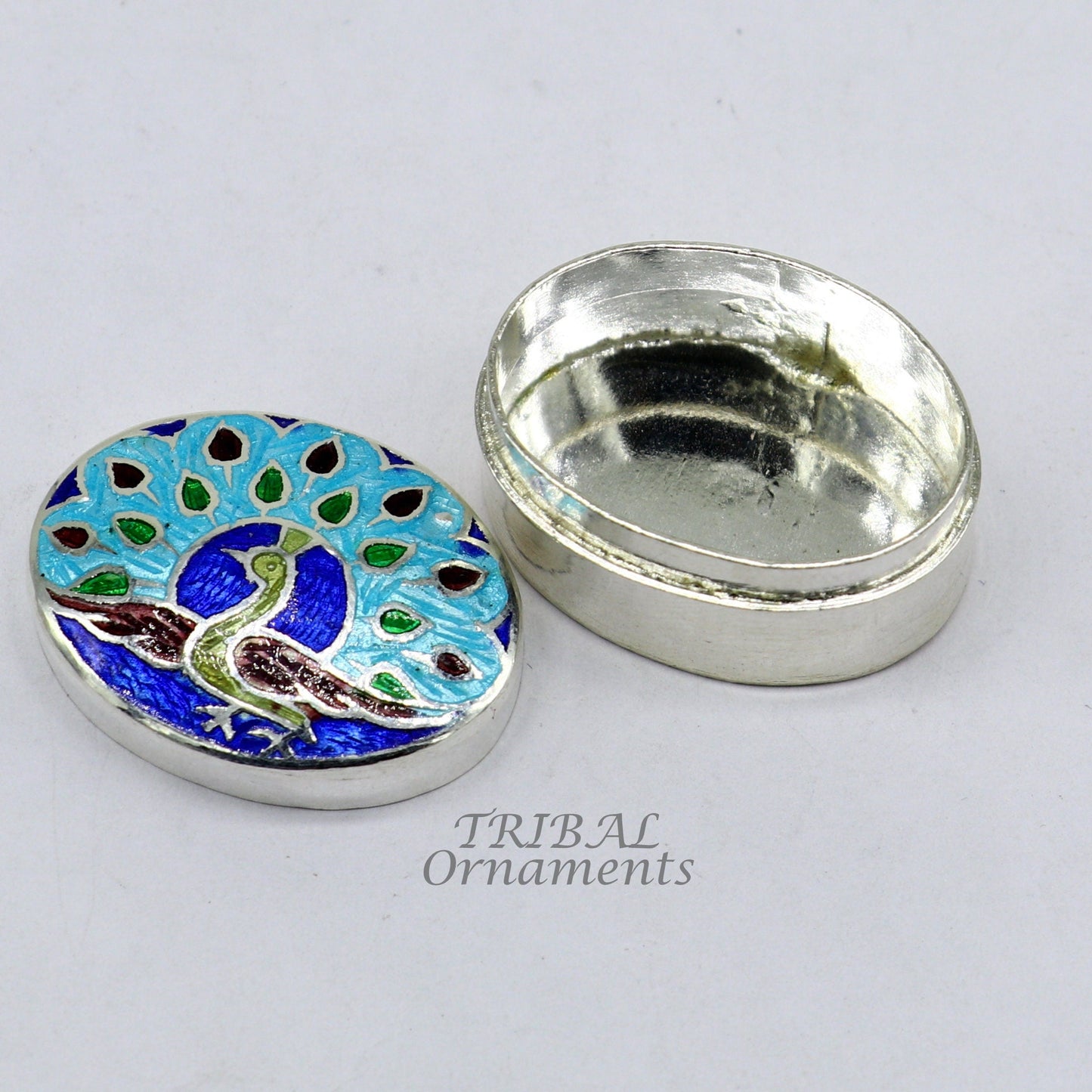 Vintage style handmade 925 sterling silver peacock design enamel work trinket box, brides kukum box kajal box silver article jewelry stb727 - TRIBAL ORNAMENTS