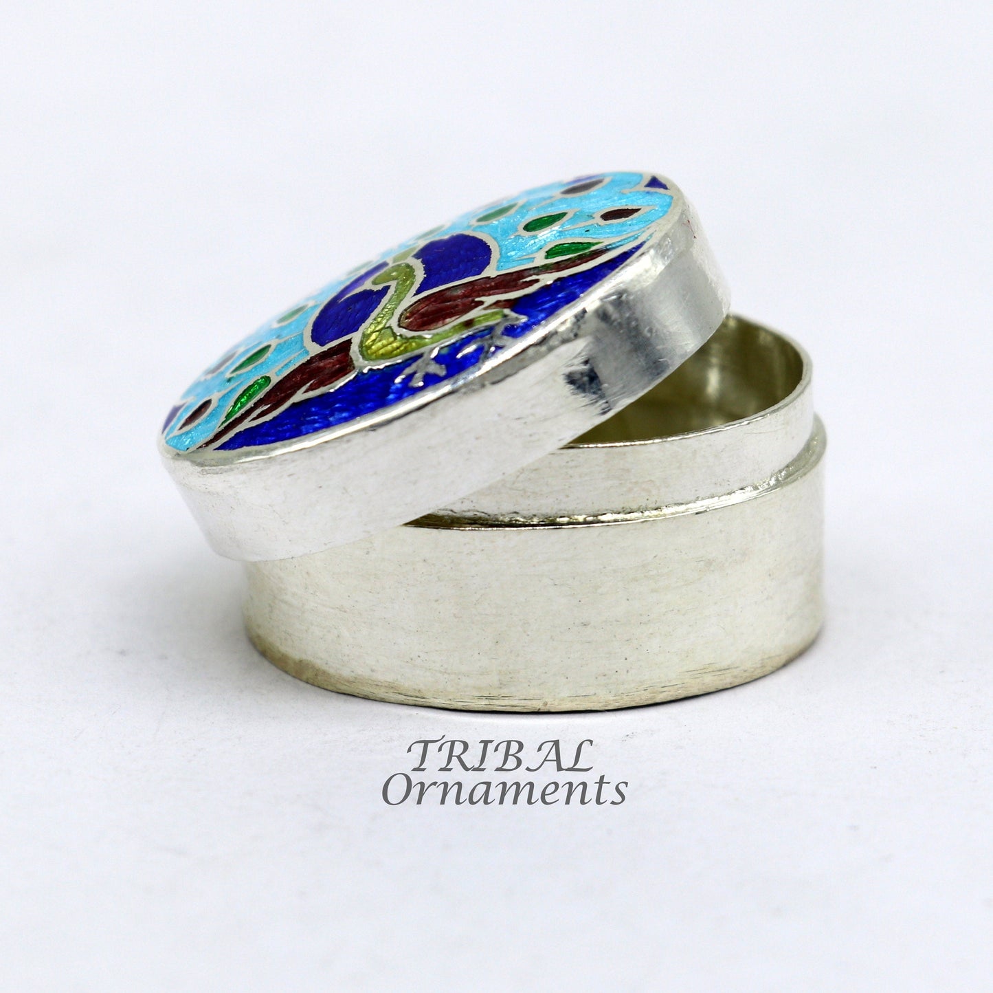 Vintage style handmade 925 sterling silver peacock design enamel work trinket box, brides kukum box kajal box silver article jewelry stb727 - TRIBAL ORNAMENTS
