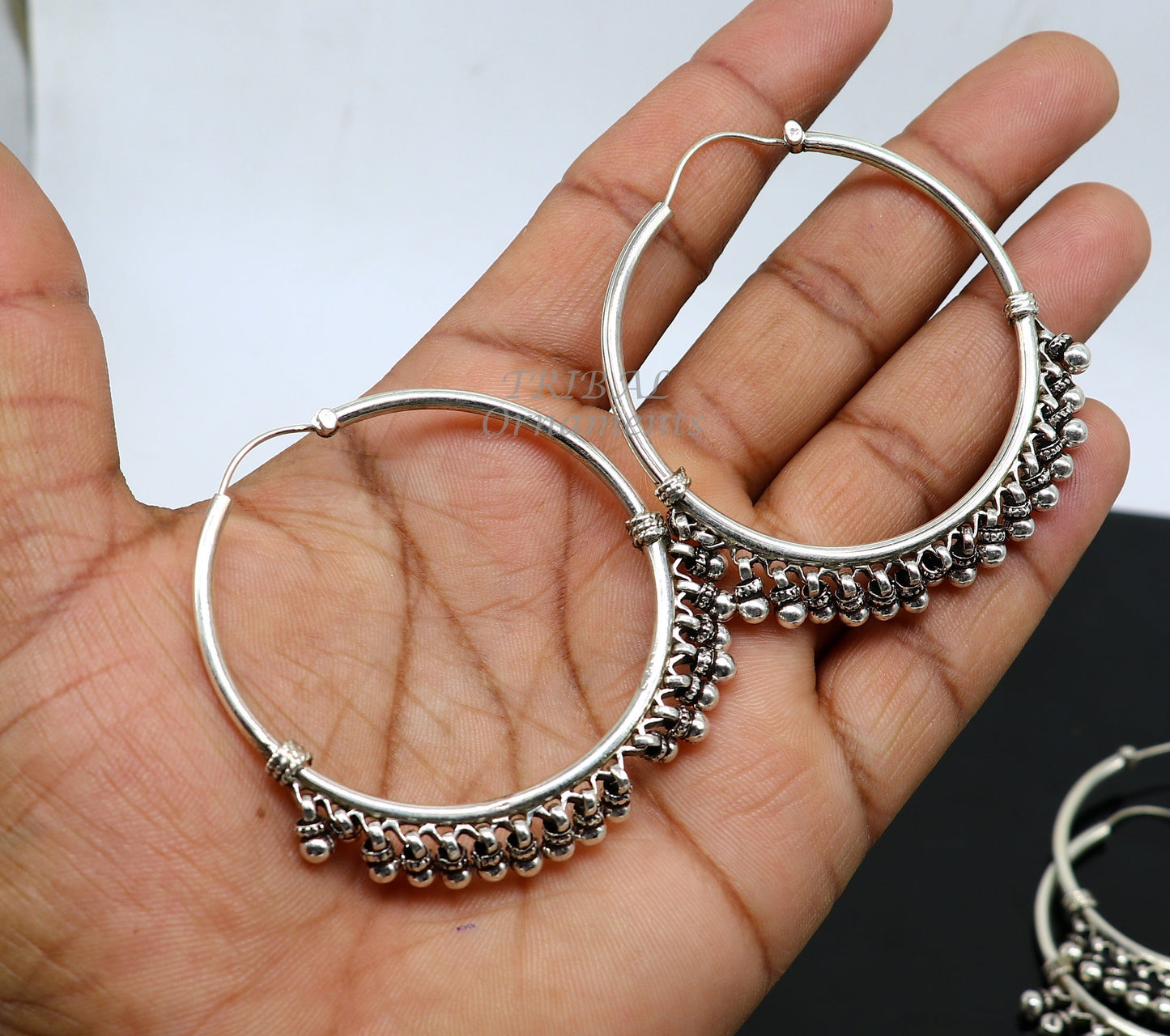 925 sterling silver handmade hoop earring, fabulous Bali pair, hanging bells, hook, hoop gifting gorgeous tribal customized jewelry s1138 - TRIBAL ORNAMENTS