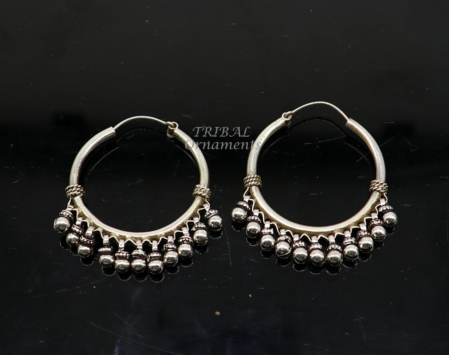 925 sterling silver handmade hoop earring, fabulous Bali pair, hanging bells, hook, hoop gifting gorgeous tribal customized jewelry s1138 - TRIBAL ORNAMENTS