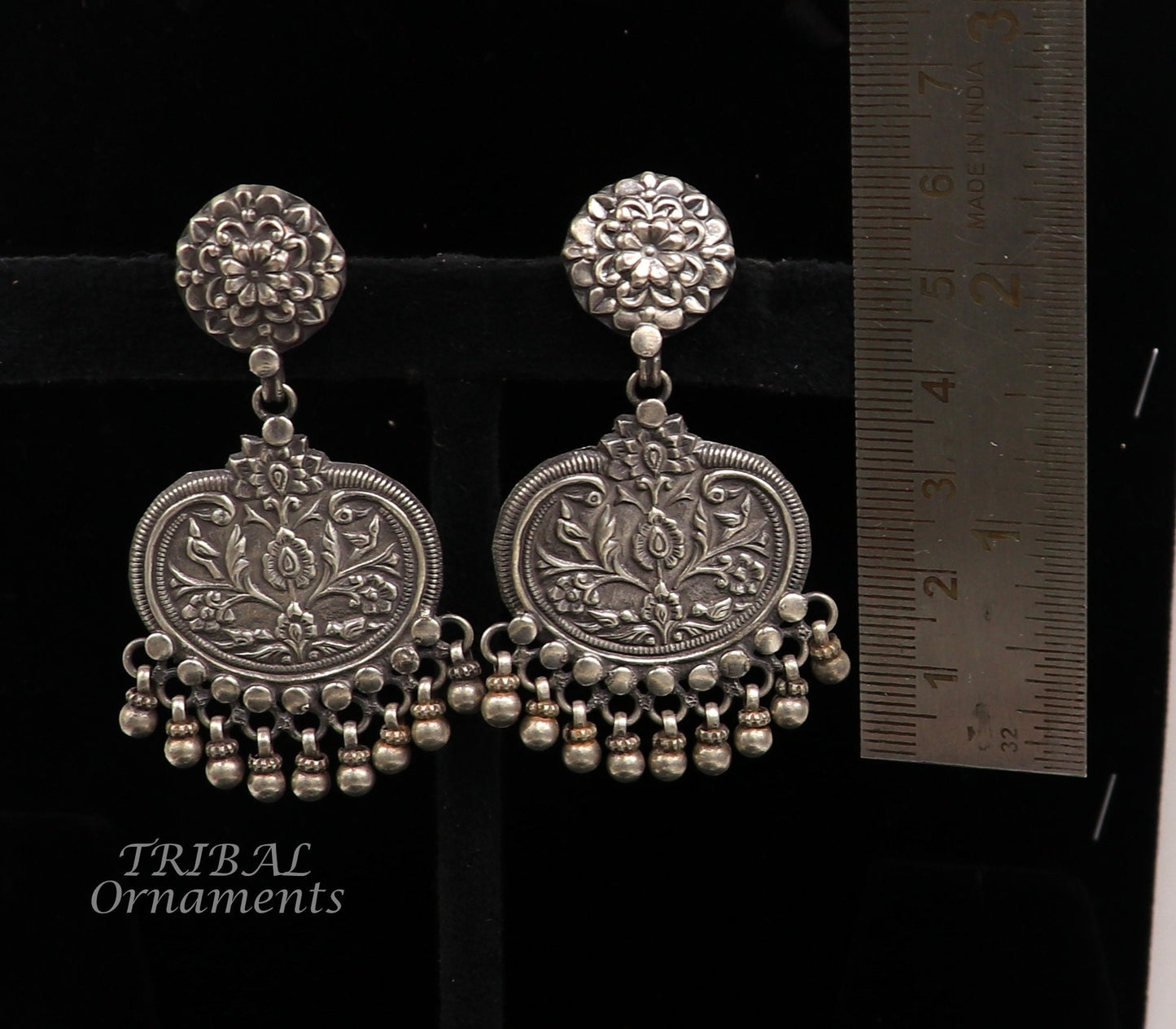 Cultural silver earrings, fashionable and versatile floral silver dangles an intricate ethnic pattern made by 925 sterling silver s1109 - TRIBAL ORNAMENTS