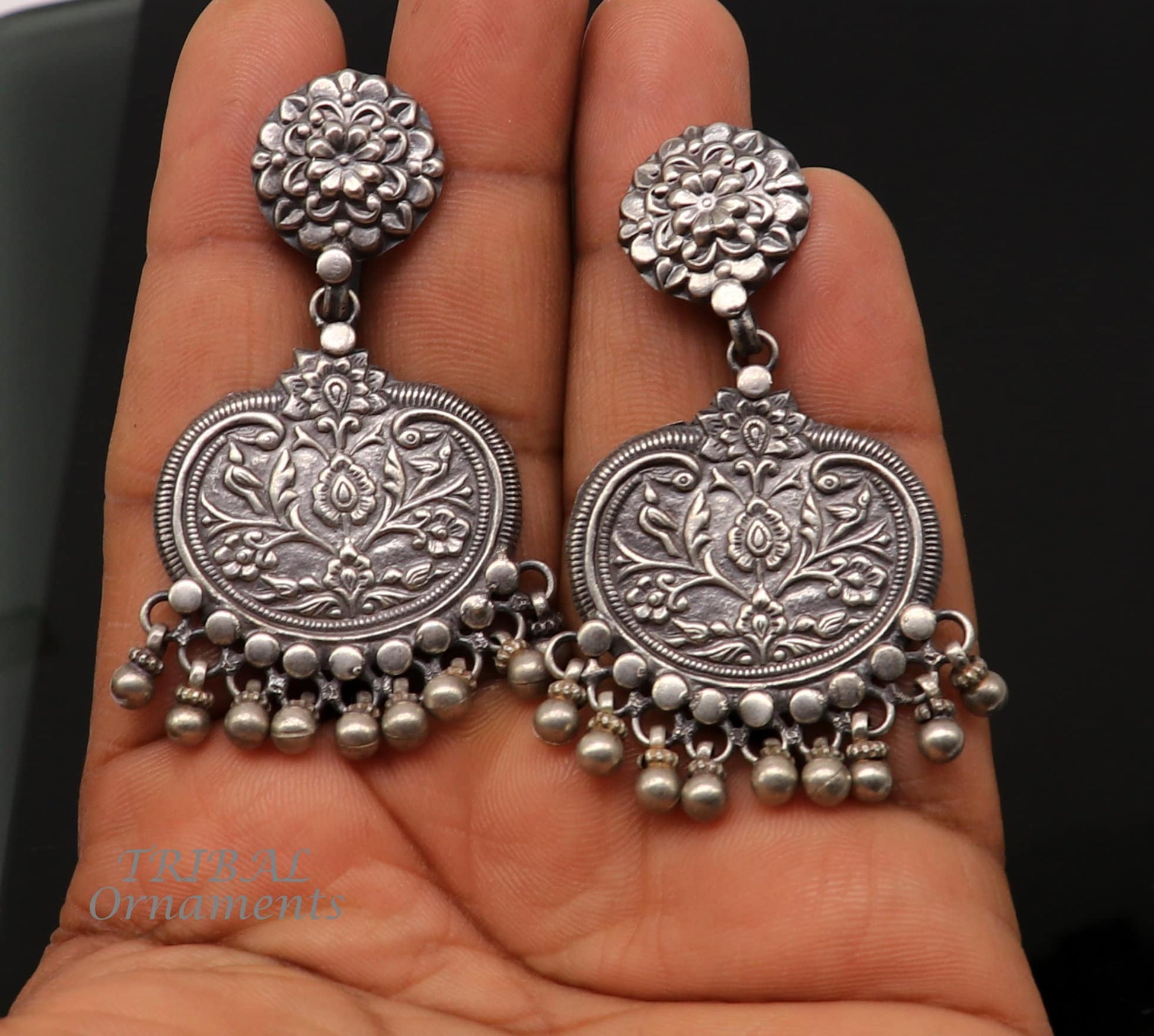 Cultural silver earrings, fashionable and versatile floral silver dangles an intricate ethnic pattern made by 925 sterling silver s1109 - TRIBAL ORNAMENTS