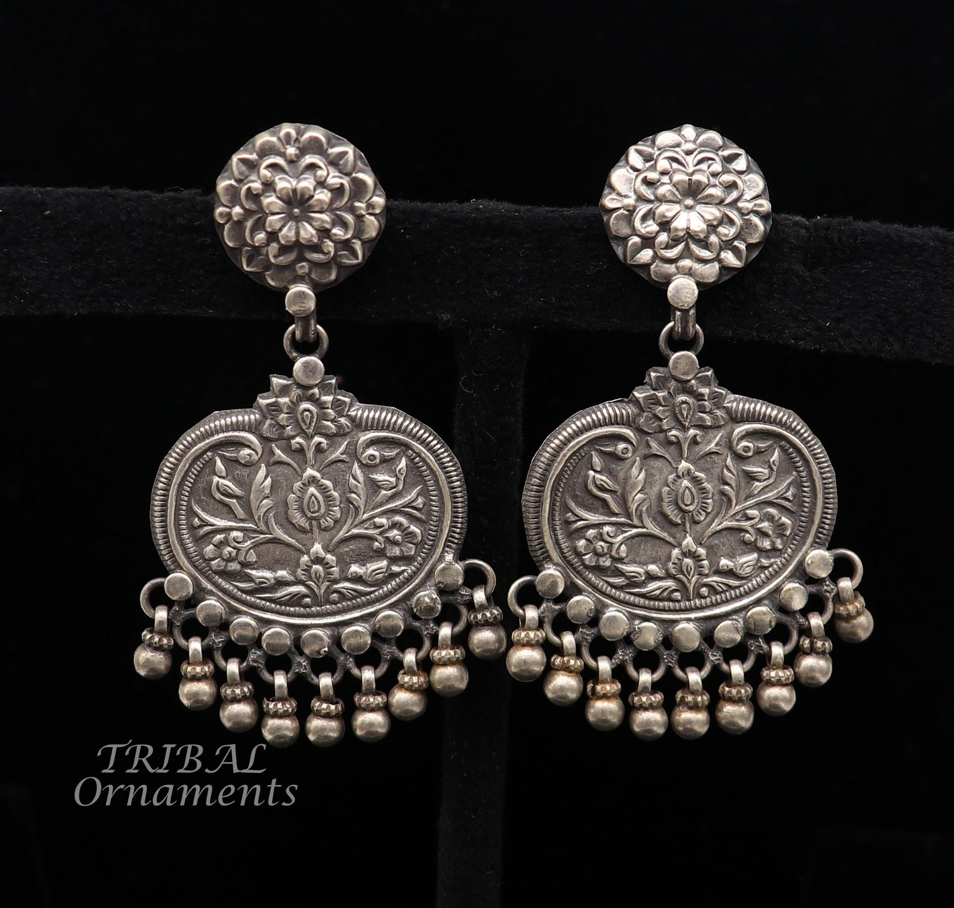 Cultural silver earrings, fashionable and versatile floral silver dangles an intricate ethnic pattern made by 925 sterling silver s1109 - TRIBAL ORNAMENTS