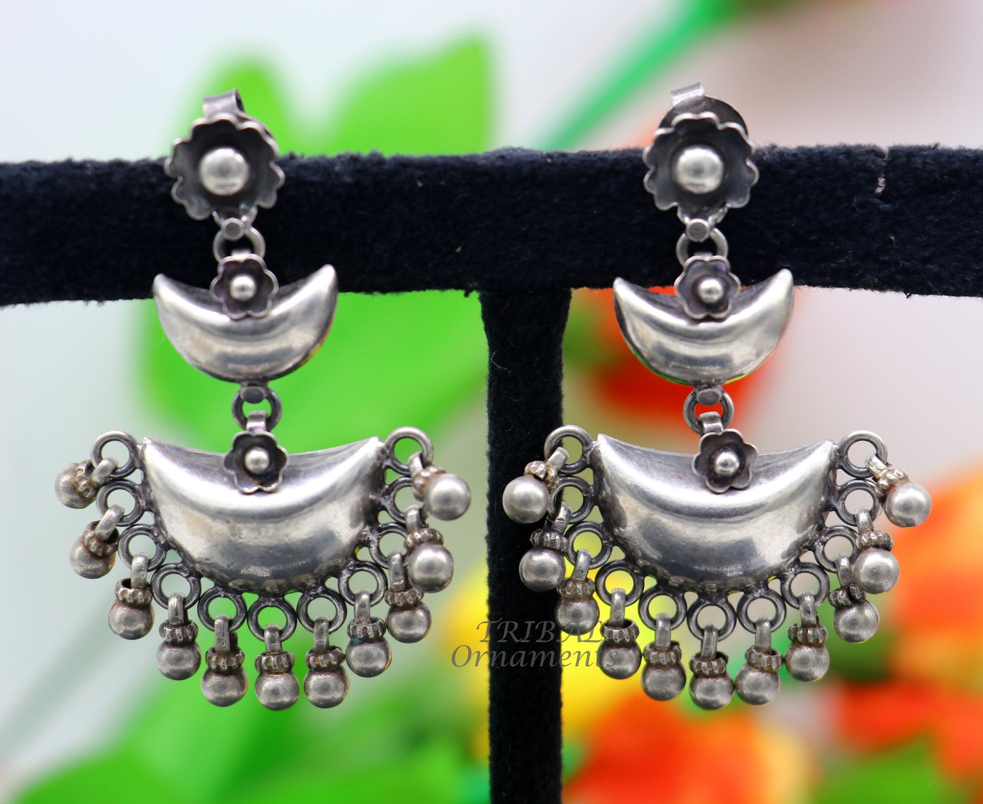 Cultural silver earrings, fashionable and versatile floral silver 3 steps drop dangles ethnic pattern made by 925 sterling silver s1114 - TRIBAL ORNAMENTS