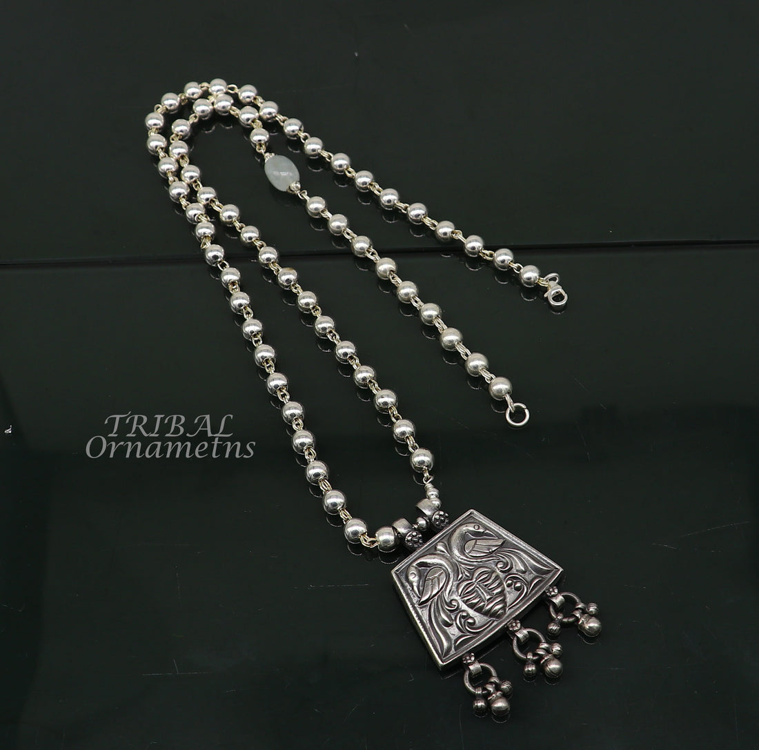 925 sterling silver handmade 6mm plain beads long necklace, unique peacock pendant traditional cultural functional necklace jewelry SET536 - TRIBAL ORNAMENTS