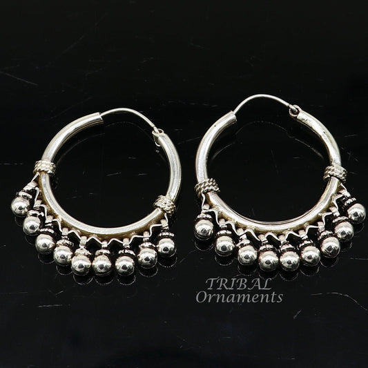 925 sterling silver handmade hoop earring elegant delegate Bali, hanging bells, hook, hoop gifting gorgeous tribal customized jewelry s1115 - TRIBAL ORNAMENTS