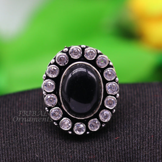 925 sterling silver handmade cubic zirconia and black stone ring adjustable for all sizes best girl's gifting fashionable ring sr348 - TRIBAL ORNAMENTS