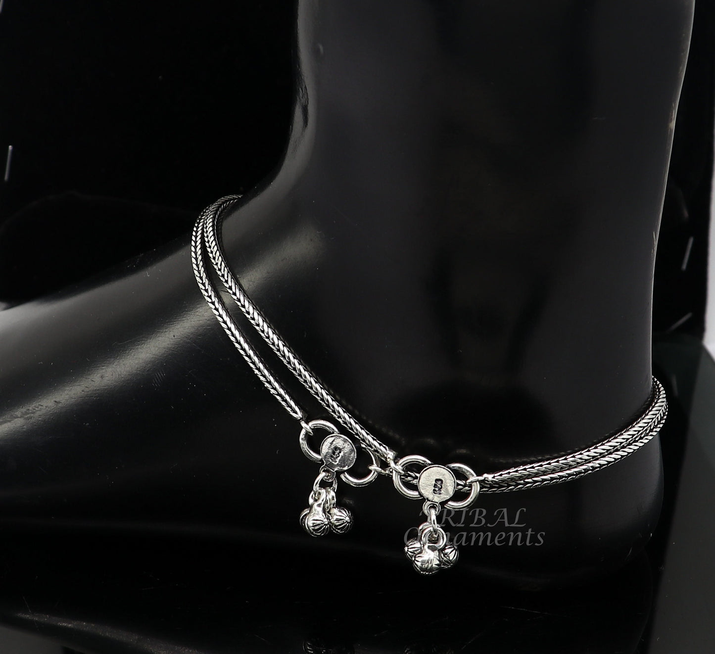 10.5" 2mm 925 Sterling silver handmade wheat chain ankle bracelet, vintage oxidized charm anklets tribal belly dance cultural jewelry ank529 - TRIBAL ORNAMENTS
