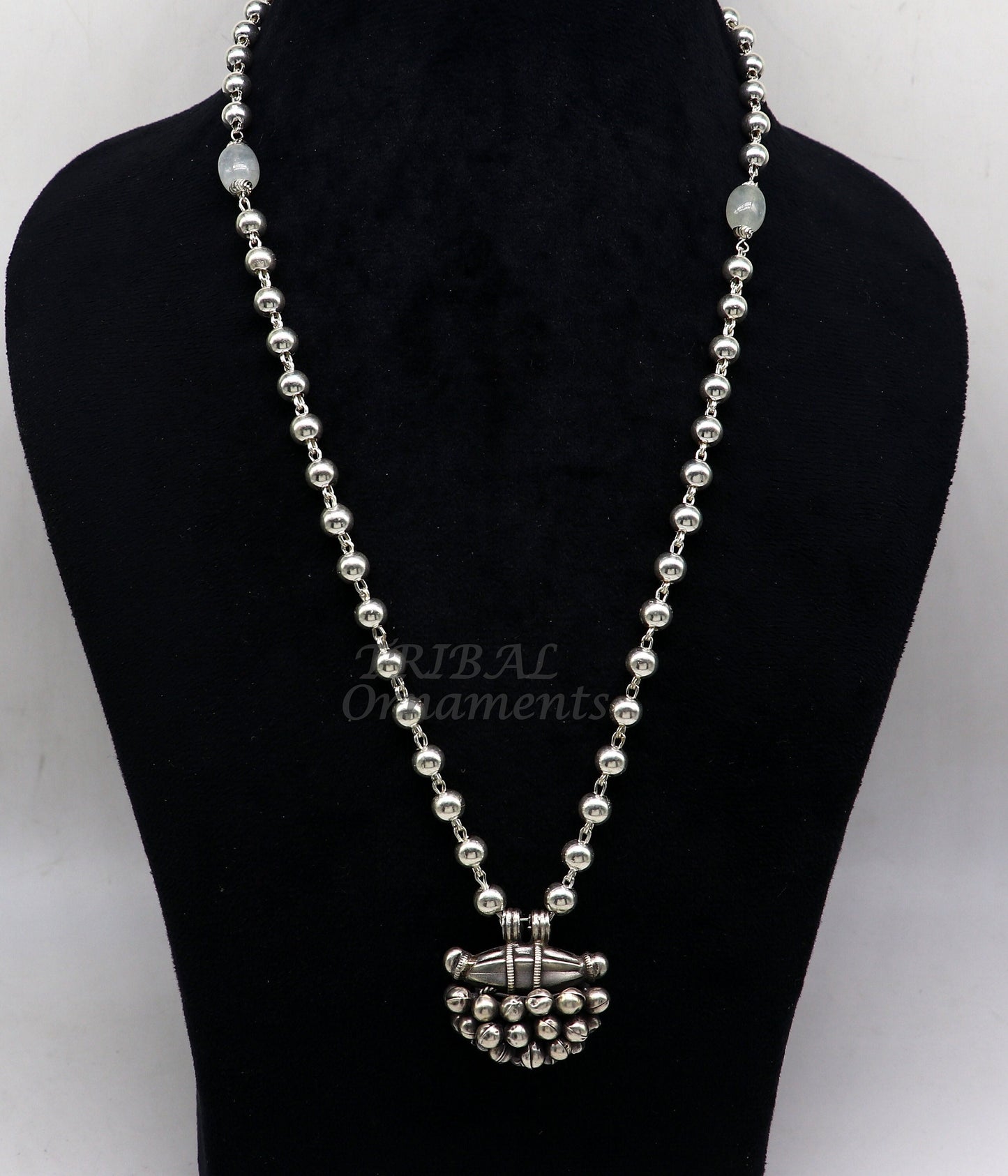 925 Sterling silver handmade vintage design pendant 6mm beaded necklace with hangings drops excellent tribal ethnic jewelry Rajasthan set530 - TRIBAL ORNAMENTS