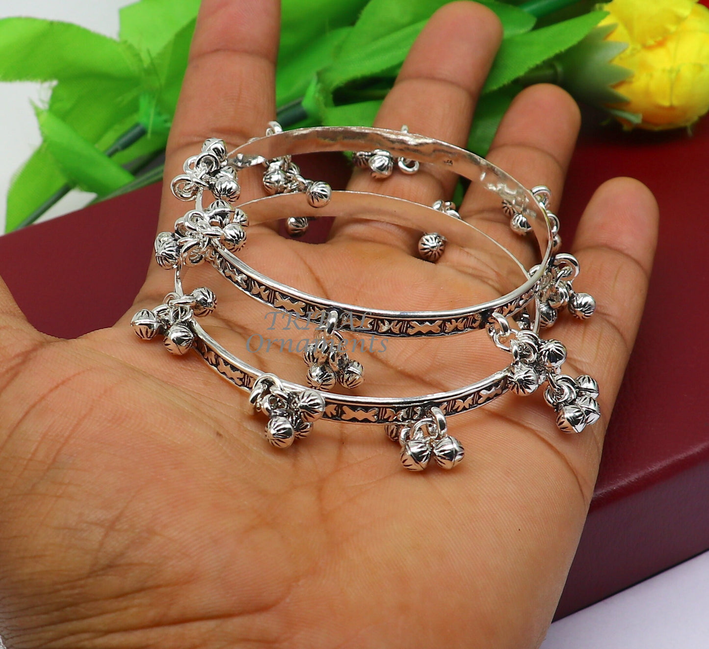 925 sterling silver handmade girl's bangle bracelet unique gorgeous jingling bells drops. excellent charm brides gifting jewelry ba177 - TRIBAL ORNAMENTS