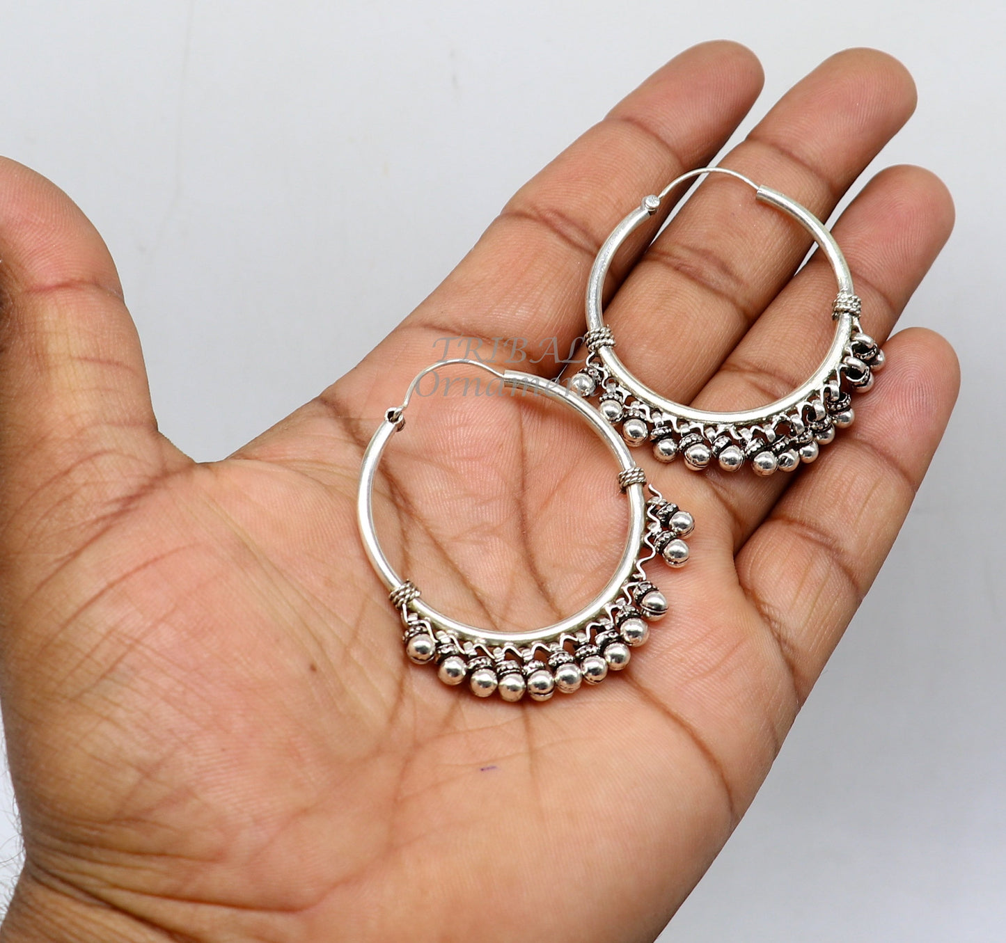 925 sterling silver handmade hoop earring, fabulous Bali pair, hanging bells, hook, hoop gifting gorgeous tribal customized jewelry s1138 - TRIBAL ORNAMENTS