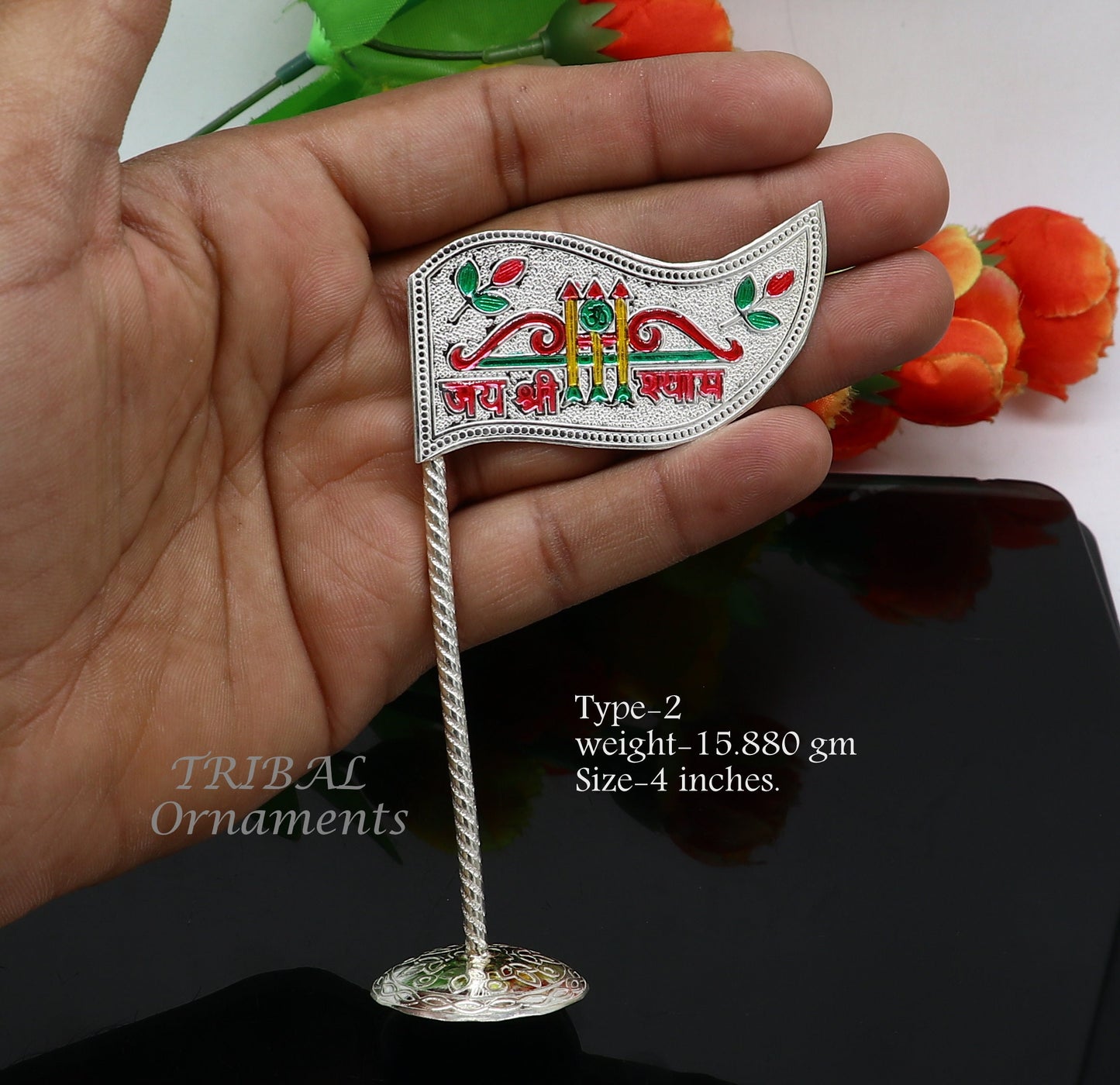 925 sterling silver handmade lork Khatu Shyam Dhwaja or flag, silver "jai shree shyam" flag best way for gifting to idols or kriahna su1018 - TRIBAL ORNAMENTS