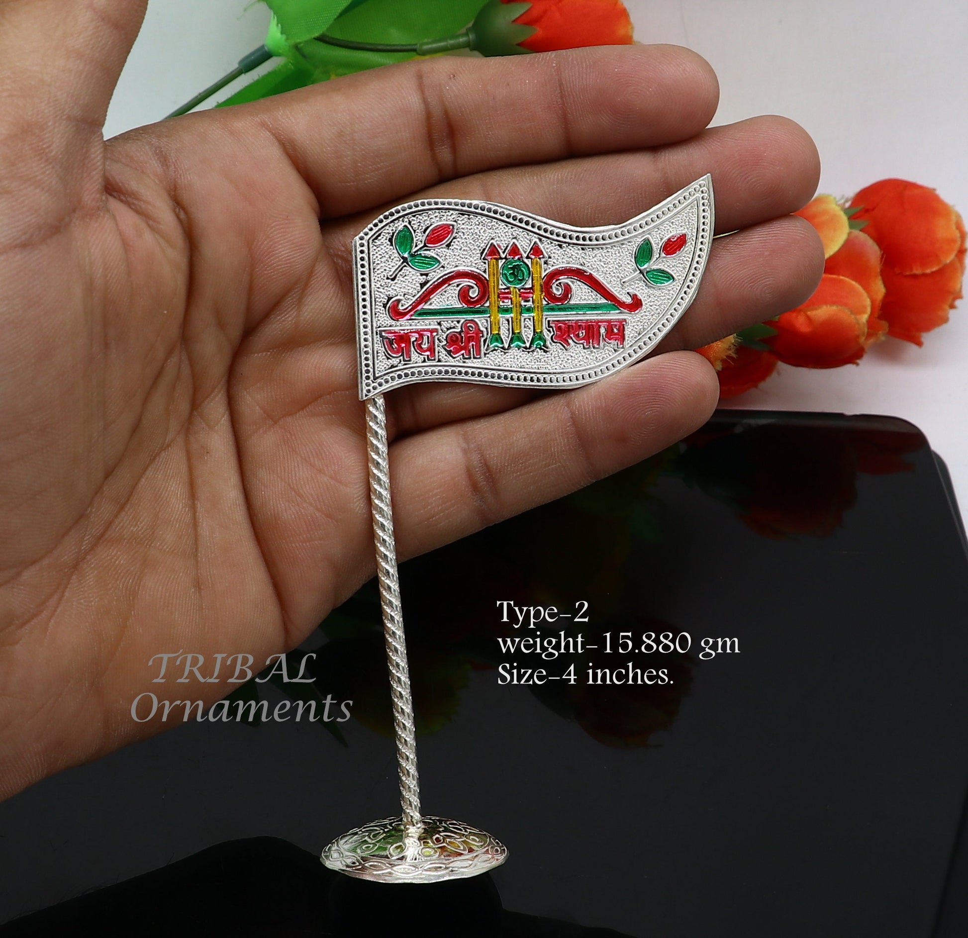 925 sterling silver handmade lork Khatu Shyam Dhwaja or flag, silver "jai shree shyam" flag best way for gifting to idols or kriahna su1018 - TRIBAL ORNAMENTS