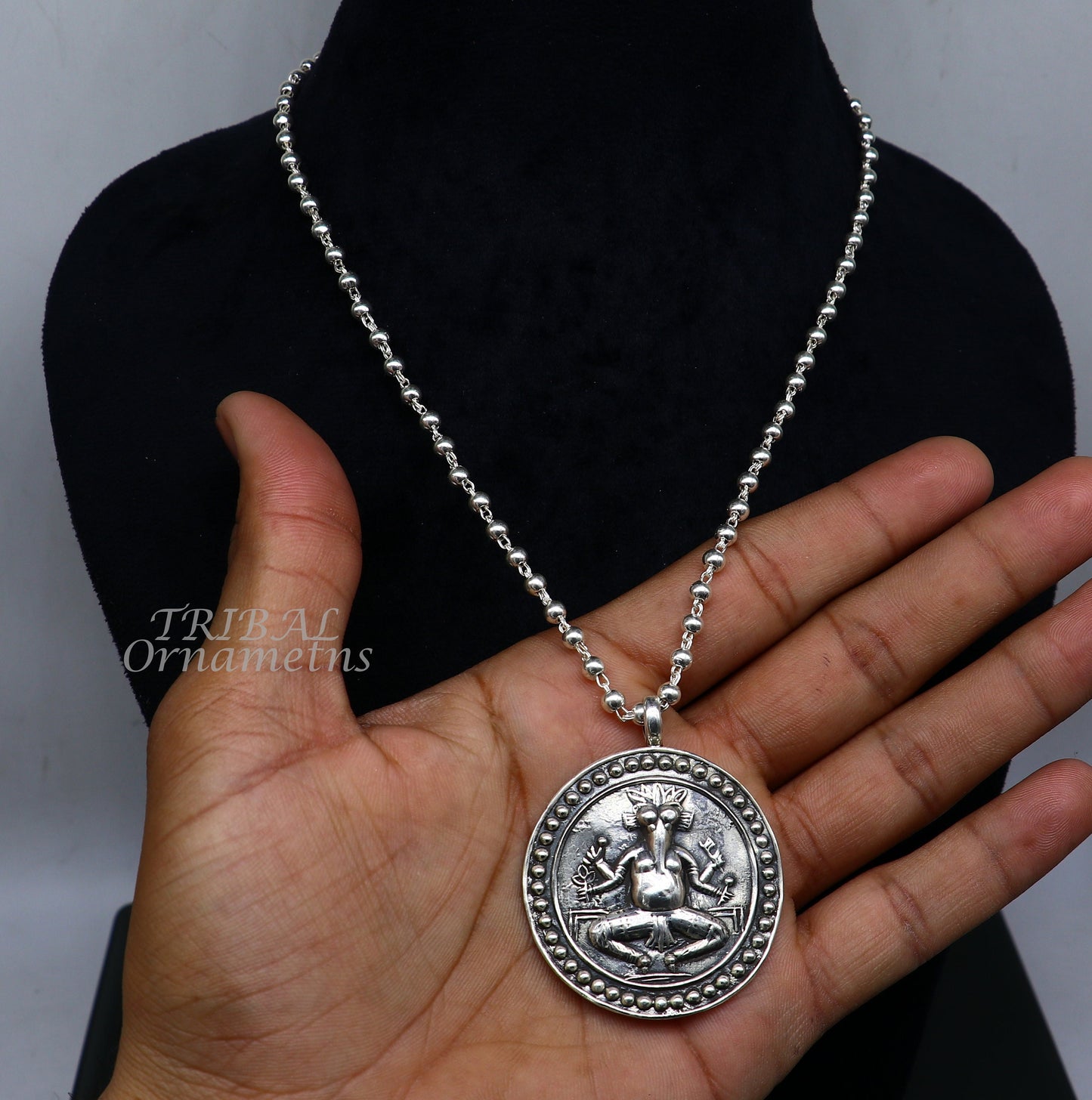 Indian traditional style modern trendy 925 sterling silver lord Ganesha pendant with plain ball necklace tribal ethnic jewelry set538 - TRIBAL ORNAMENTS