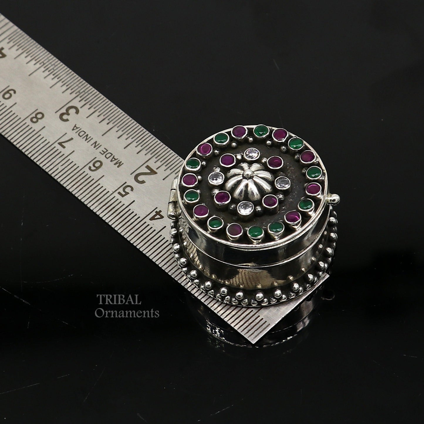 925 sterling silver unique design stone work trinket box, kajal eyeliner box, Sindur box brides gift silver box stb750 - TRIBAL ORNAMENTS
