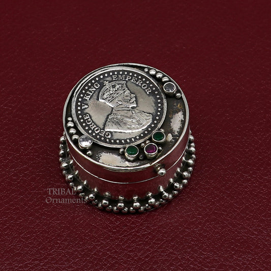 925 sterling silver unique design George v king emperor coin trinket box, kajal eyeliner box, Sindur box brides gift silver box stb751 - TRIBAL ORNAMENTS