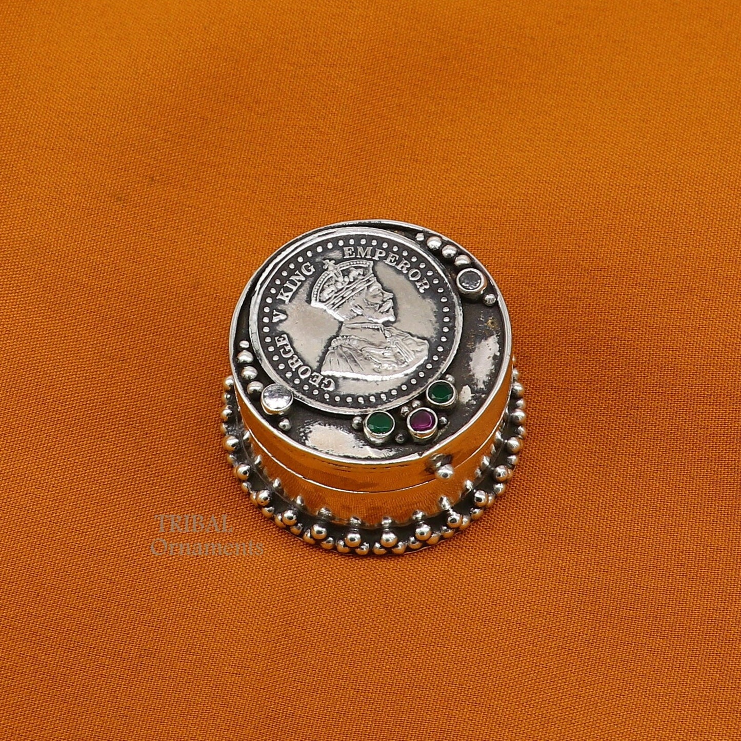 925 sterling silver unique design George v king emperor coin trinket box, kajal eyeliner box, Sindur box brides gift silver box stb751 - TRIBAL ORNAMENTS