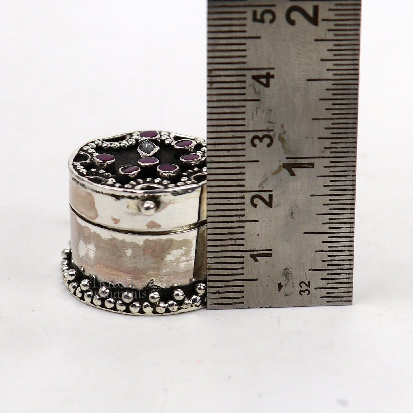 925 sterling silver handcrafted round shape design red stone work trinket box, kajal eyeliner box, Sindur box brides gift silver box stb762 - TRIBAL ORNAMENTS
