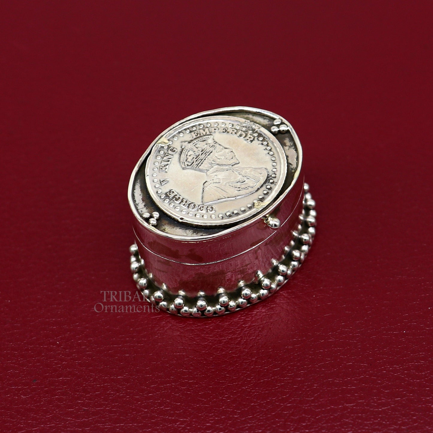 925 sterling silver unique design George v king emperor coin trinket box, kajal eyeliner box, Sindur box brides gift silver box stb763 - TRIBAL ORNAMENTS