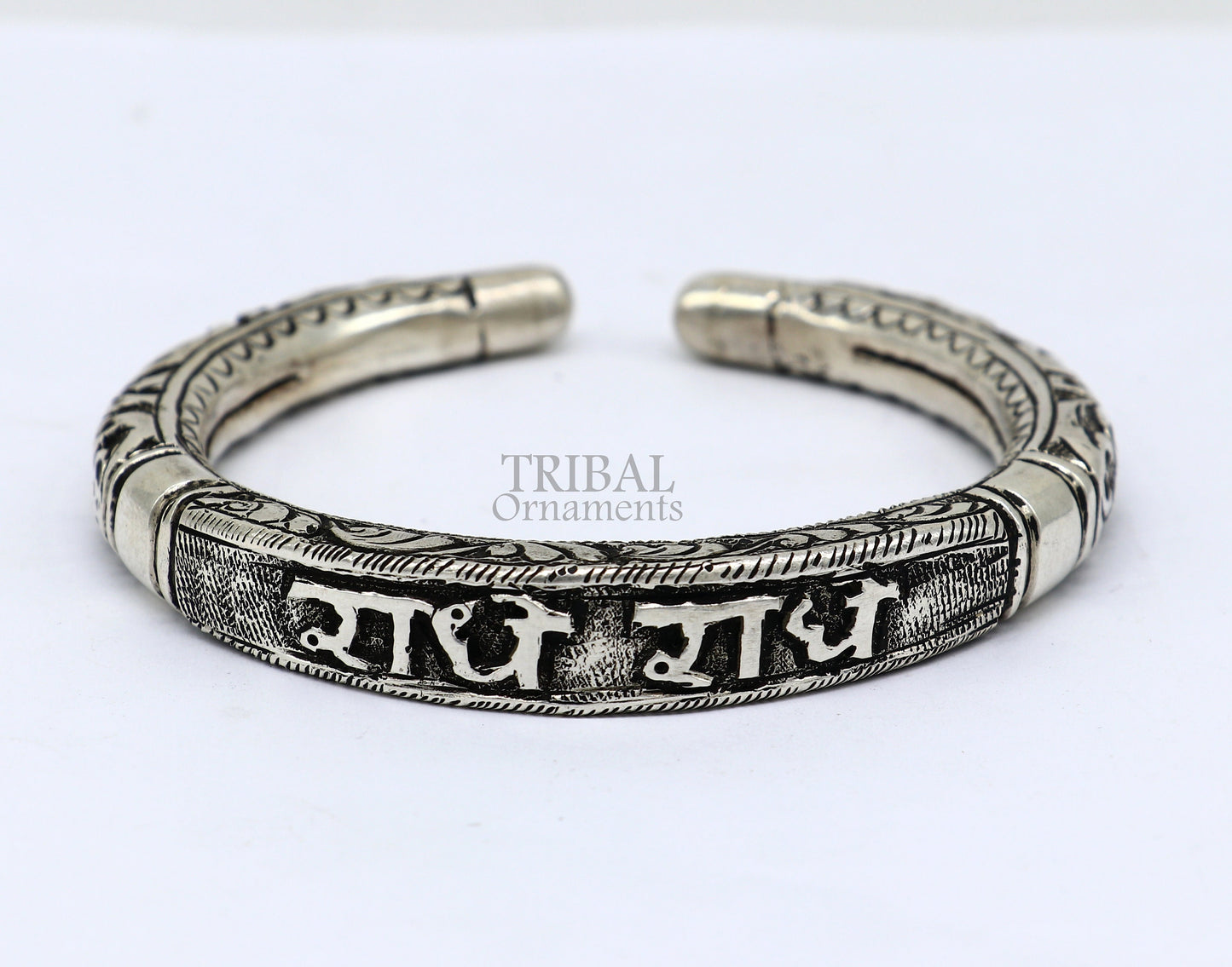 925 Sterling silver handmade Nakshi work design "Radhe Radhe" Goddess Radha mantra bracelet kada divine unisex tribal ethnic jewelry nsk655 - TRIBAL ORNAMENTS