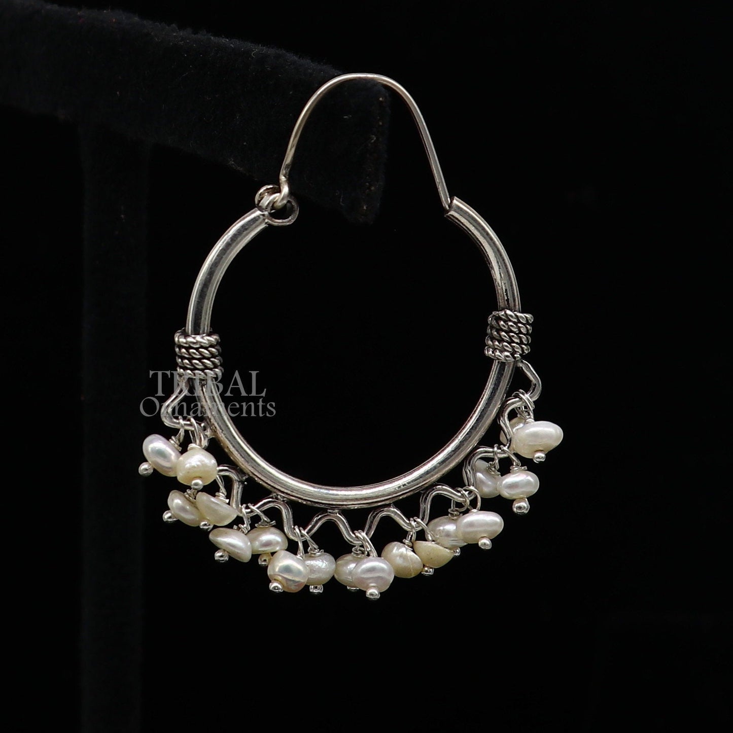 925 sterling silver handmade hoop earring, fabulous Bali, hanging pearls, hook, hoop gifting gorgeous tribal customized jewelry s1146 - TRIBAL ORNAMENTS