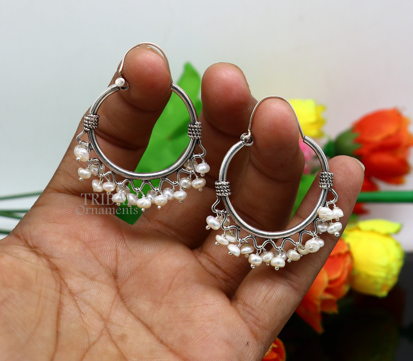 925 sterling silver handmade hoop earring, fabulous Bali, hanging pearls, hook, hoop gifting gorgeous tribal customized jewelry s1146 - TRIBAL ORNAMENTS