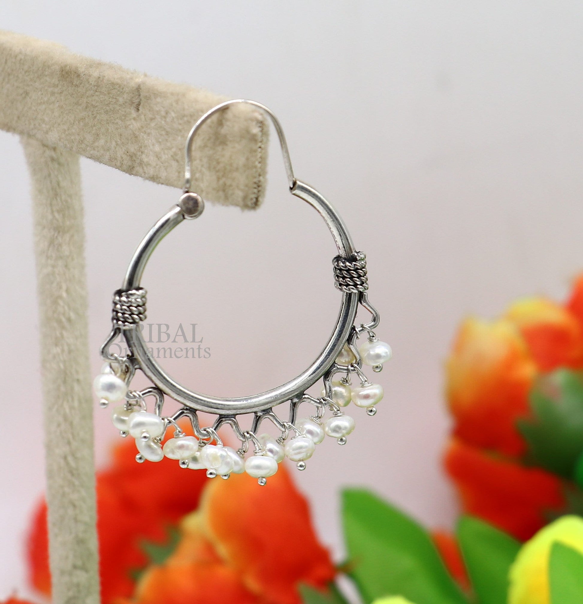 925 sterling silver handmade hoop earring, fabulous Bali, hanging pearls, hook, hoop gifting gorgeous tribal customized jewelry s1146 - TRIBAL ORNAMENTS