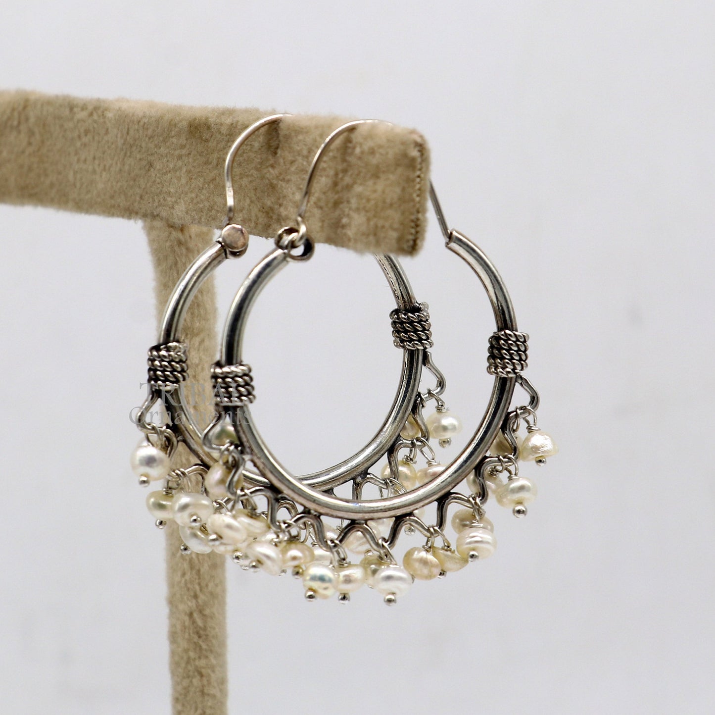 925 sterling silver handmade hoop earring, fabulous Bali, hanging pearls, hook, hoop gifting gorgeous tribal customized jewelry s1146 - TRIBAL ORNAMENTS