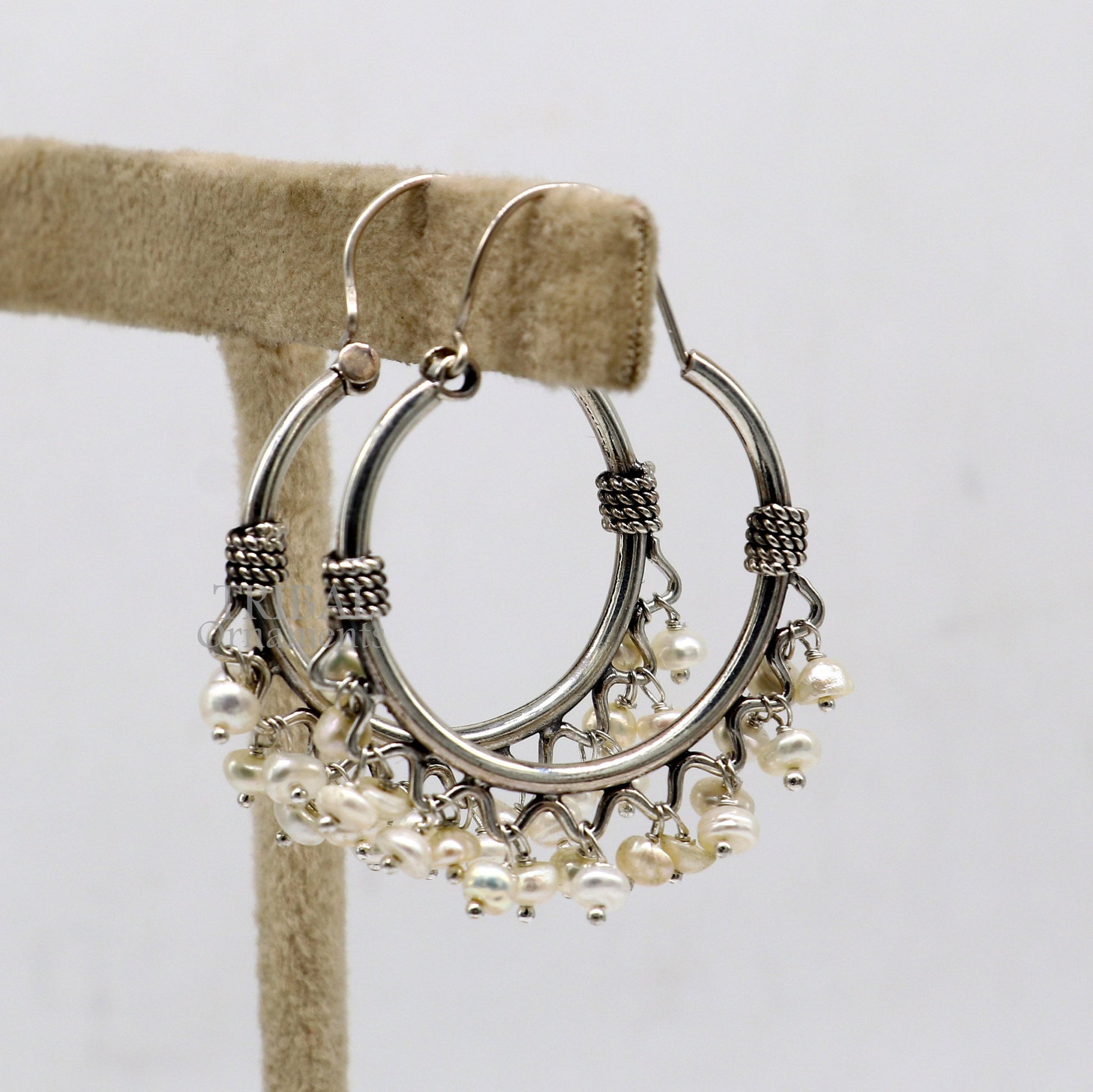 925 sterling silver handmade hoop earring, fabulous Bali, hanging pearls, hook, hoop gifting gorgeous tribal customized jewelry s1146 - TRIBAL ORNAMENTS