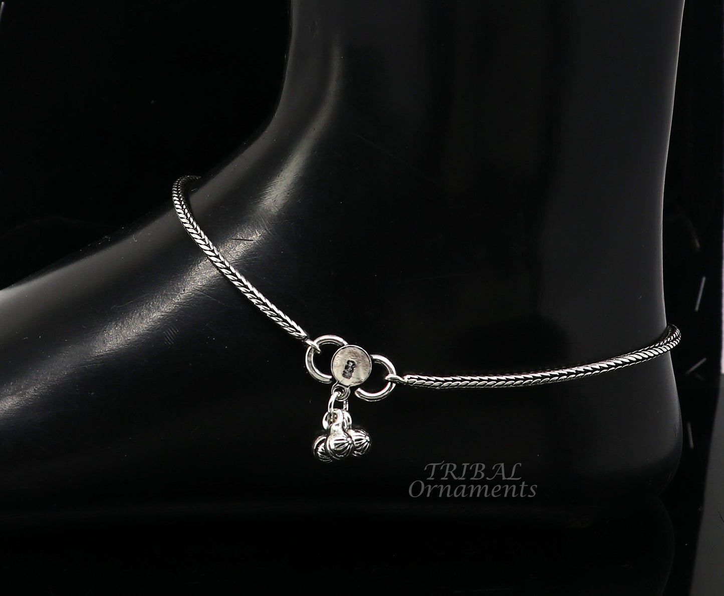 10.5" 2mm 925 Sterling silver handmade wheat chain ankle bracelet, vintage oxidized charm anklets tribal belly dance cultural jewelry ank529 - TRIBAL ORNAMENTS