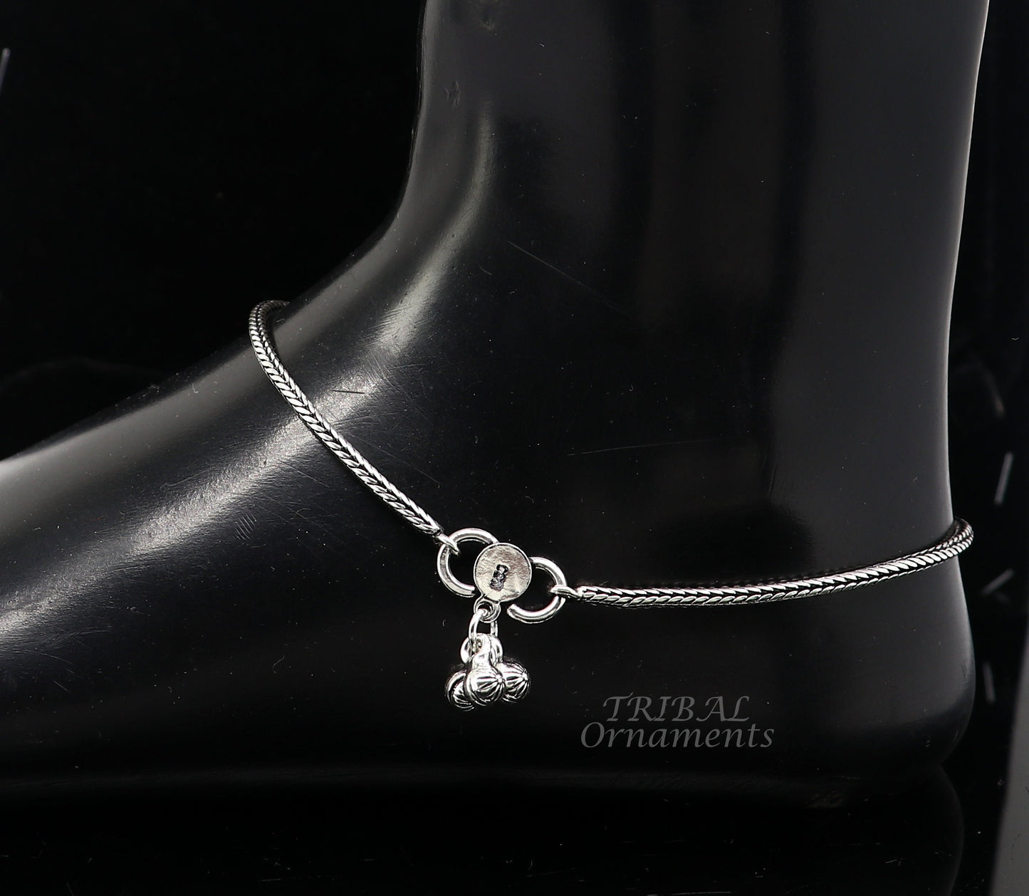 10.5" 2mm 925 Sterling silver handmade wheat chain ankle bracelet, vintage oxidized charm anklets tribal belly dance cultural jewelry ank529 - TRIBAL ORNAMENTS