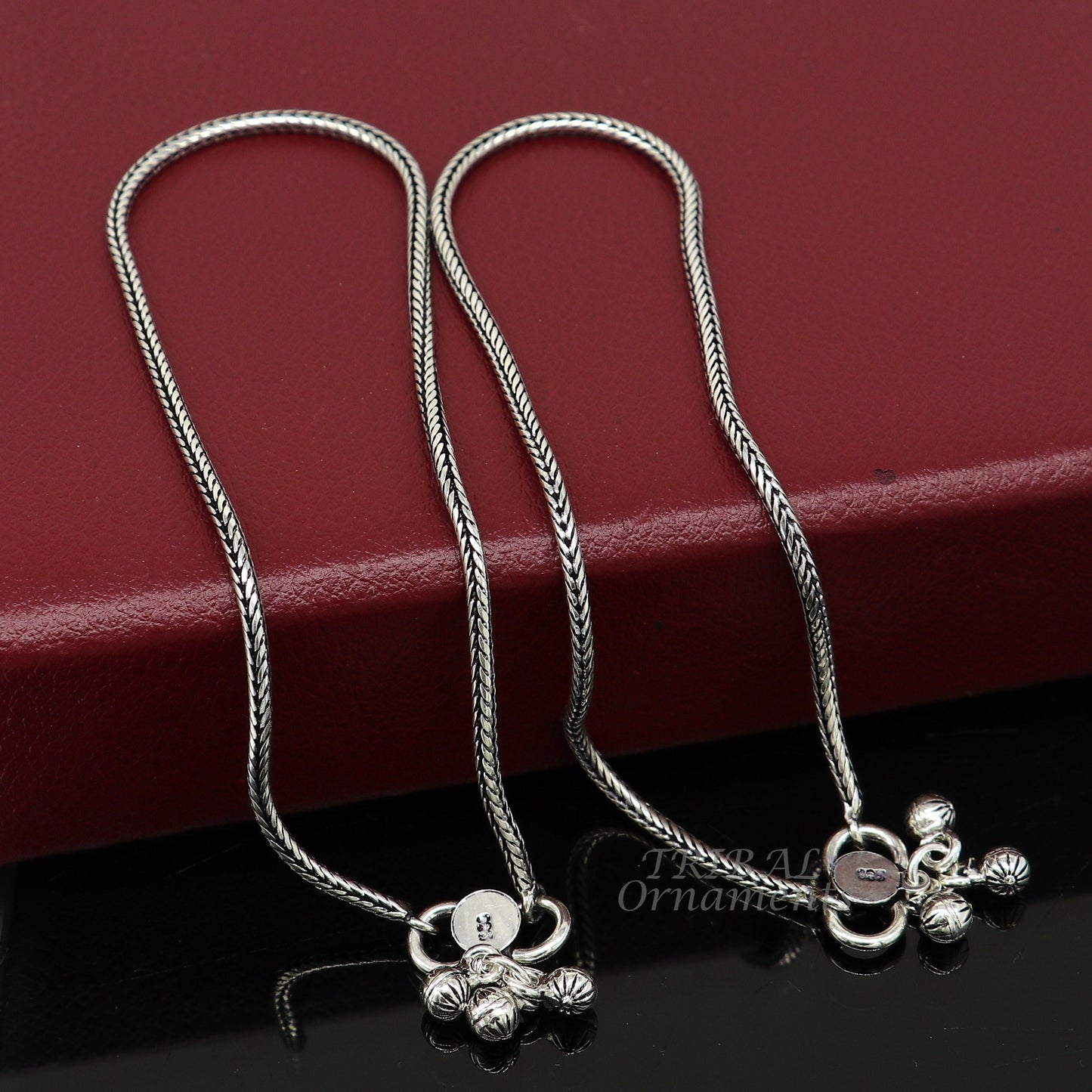 10.5" 2mm 925 Sterling silver handmade wheat chain ankle bracelet, vintage oxidized charm anklets tribal belly dance cultural jewelry ank529 - TRIBAL ORNAMENTS
