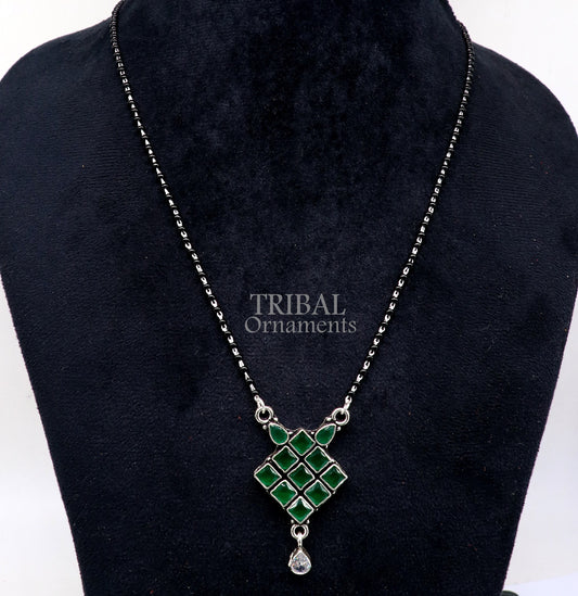 925 sterling silver green stone pendant mangasutra, gorgeous trendy design pendant, traditional style brides mangalsutra necklace ms06 - TRIBAL ORNAMENTS