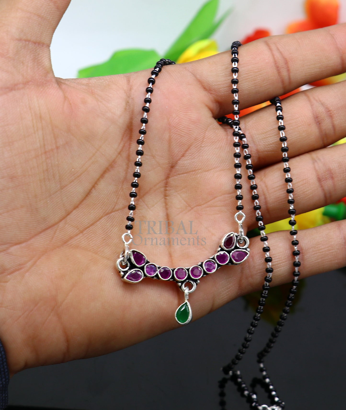 Trendy Red cut stone mangalsutra pendant 925 sterling silver black beads chain necklace, traditional style brides Mangalsutra necklace ms16 - TRIBAL ORNAMENTS