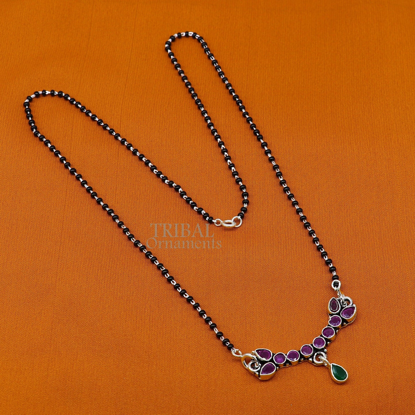Trendy Red cut stone mangalsutra pendant 925 sterling silver black beads chain necklace, traditional style brides Mangalsutra necklace ms16 - TRIBAL ORNAMENTS