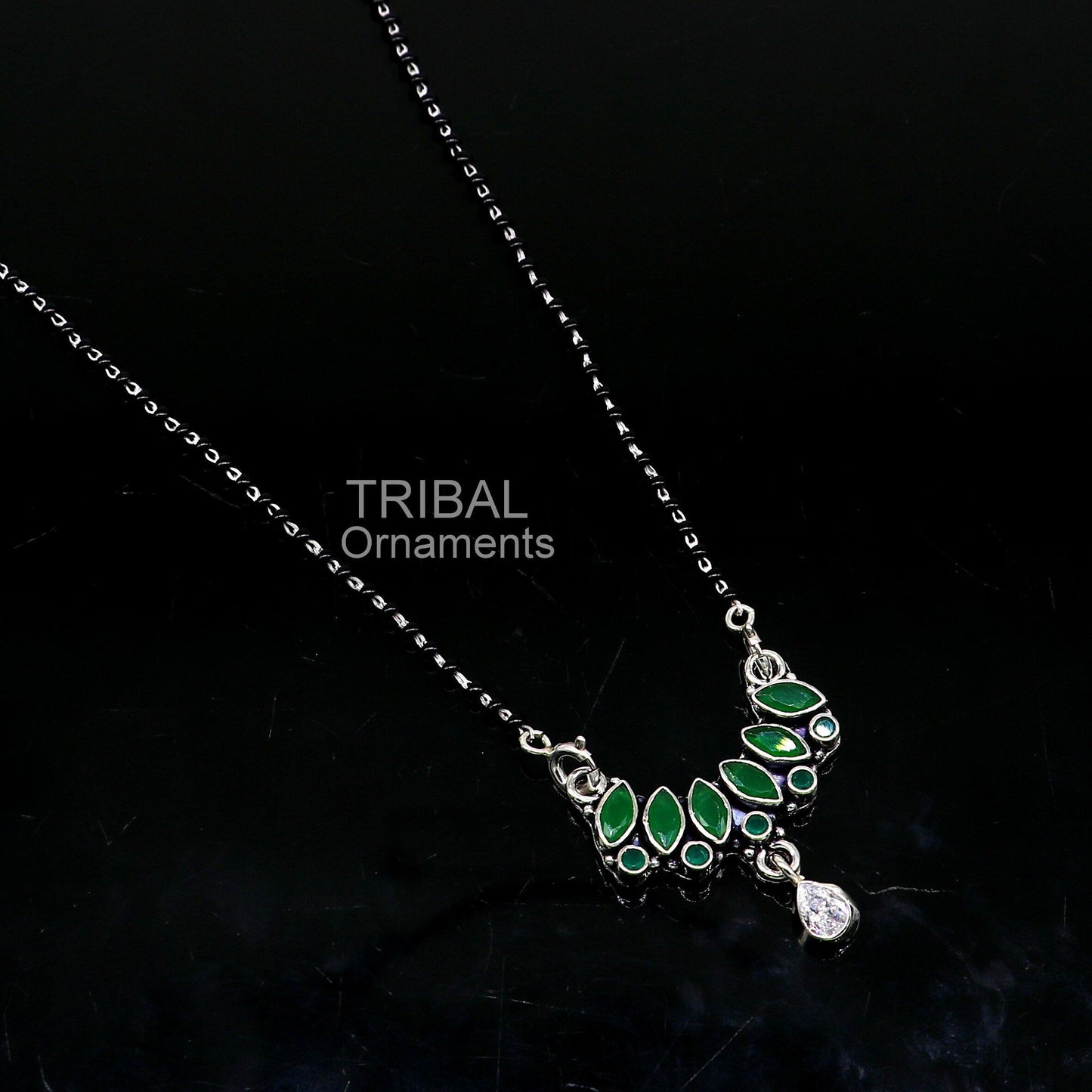 925 sterling silver black beads mangal sutra chain necklace for daily use brides Mangalsutra chunky necklace green cut stone pendant ms26 - TRIBAL ORNAMENTS